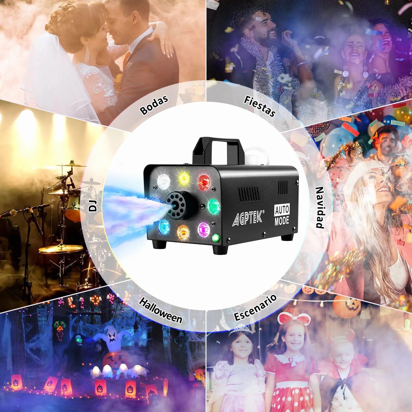 AGPTEK Máquina de humo con mando a distancia inalámbrico y 8 luces LED, estable y portátil, ideal para Halloween, Navidad, bodas, actuaciones en el escenario, etc.