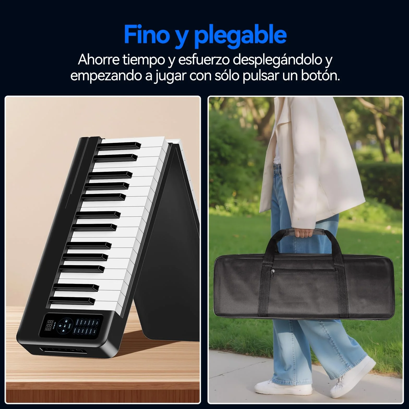 Rhymo Teclado Piano Plegable, 61 Teclas Piano Eléctrico Sensible, Teclado Eléctrico Portátil Contrapesado con Bluetooth MIDI, Teclado Digital Plegable para Principiantes, Viajar
