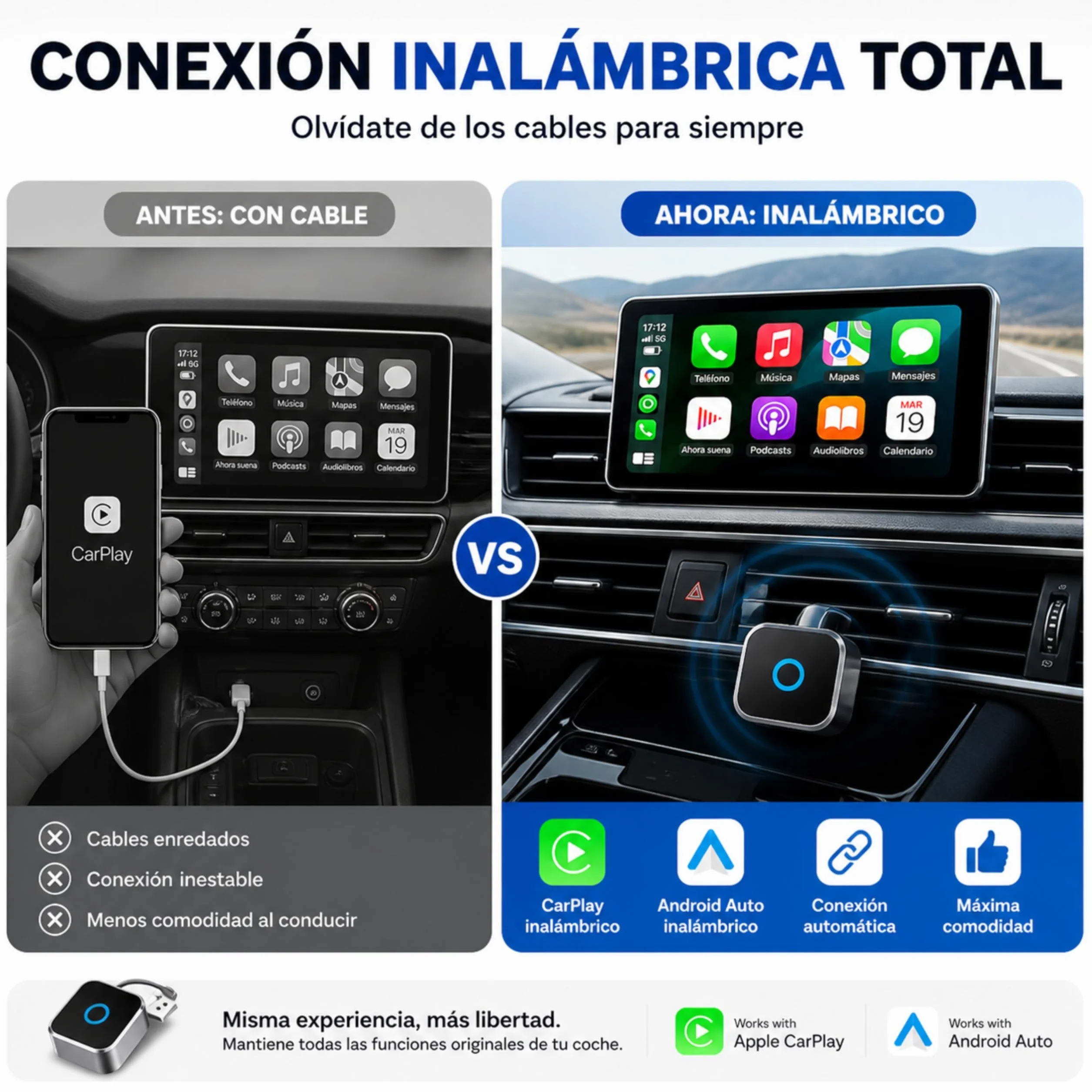 Adaptador CarPlay Inalámbrico 2 en 1. Android Auto inalámbrico USB compacto. Convierte carplay por cable en conexión sin cables rápida y estable Conexión automática en 5s Plug & Play (USB C)