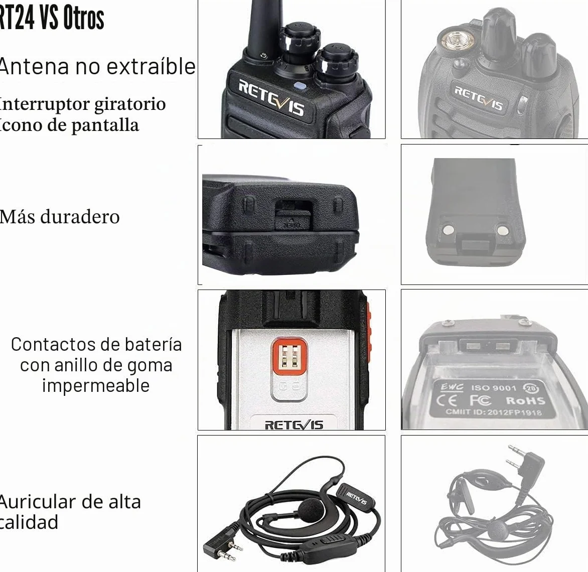 Retevis RT24 Walkie Talkie, Sonido es Claro Walkies Profesionales PMR446 sin Licencia 16 Canales CTCSS/DCS VOX Walkie Talkie con Auriculares y Cargador Europeo, para Adultos (Negro, 1 Par)