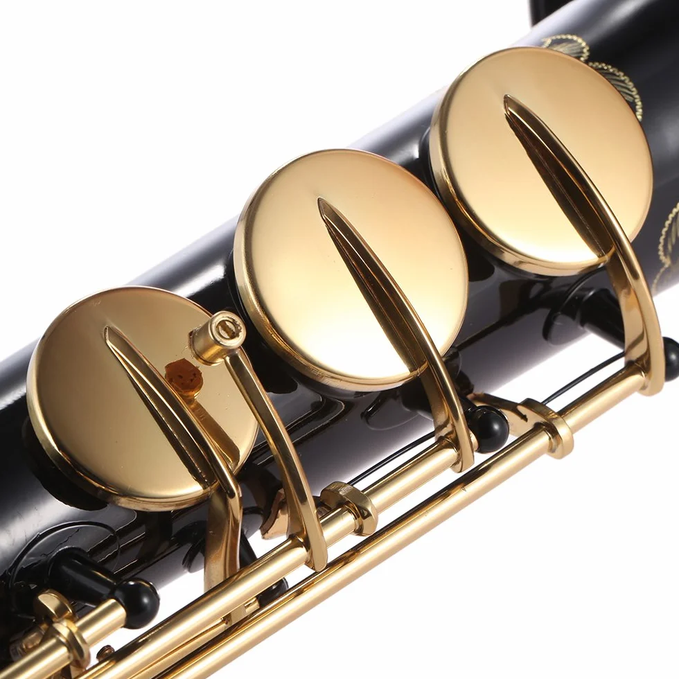 HUIOP Saxofón soprano recto de latón Saxofón Bb B Instrumento de viento de madera plano Patrón tallado de llave de concha natural con estuche de transporte Guantes Paño de limpieza Correas Varilla de