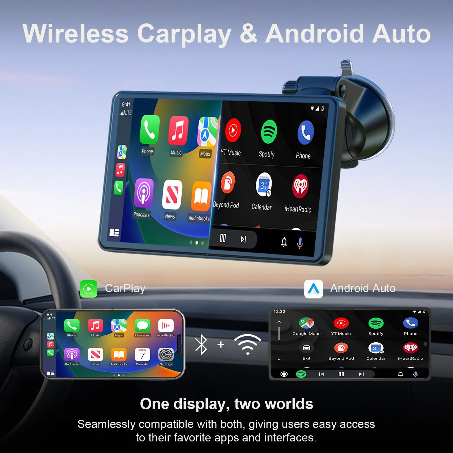 7" Pantalla Carplay Coche Sin Instalación para A-pple Car Play y Android Auto, Pantalla Táctil para Coche con Cámara Trasera, Bluetooth, Mirror Link, Navegación GPS, Asistencia de Voz, FM, AUX