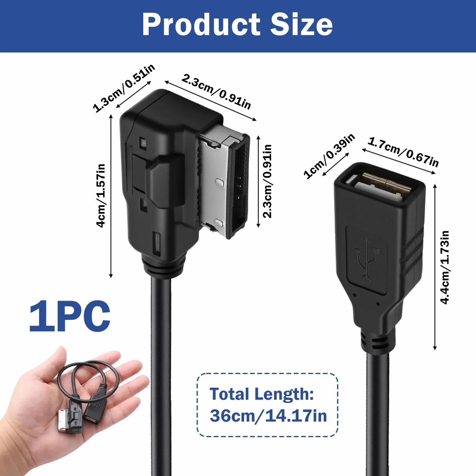 AMI Adaptador de Cable MDI para Audi A1 A2 A3 A4 A5 A6 S6 A8 S8 R8 Q3 Q5 Q7, 30 CM/11,81 Pulgadas Cable AUX para Audio USB MMI Adaptador MP3 Multimedia Music Interfaz para VW TT VW Golf Passat