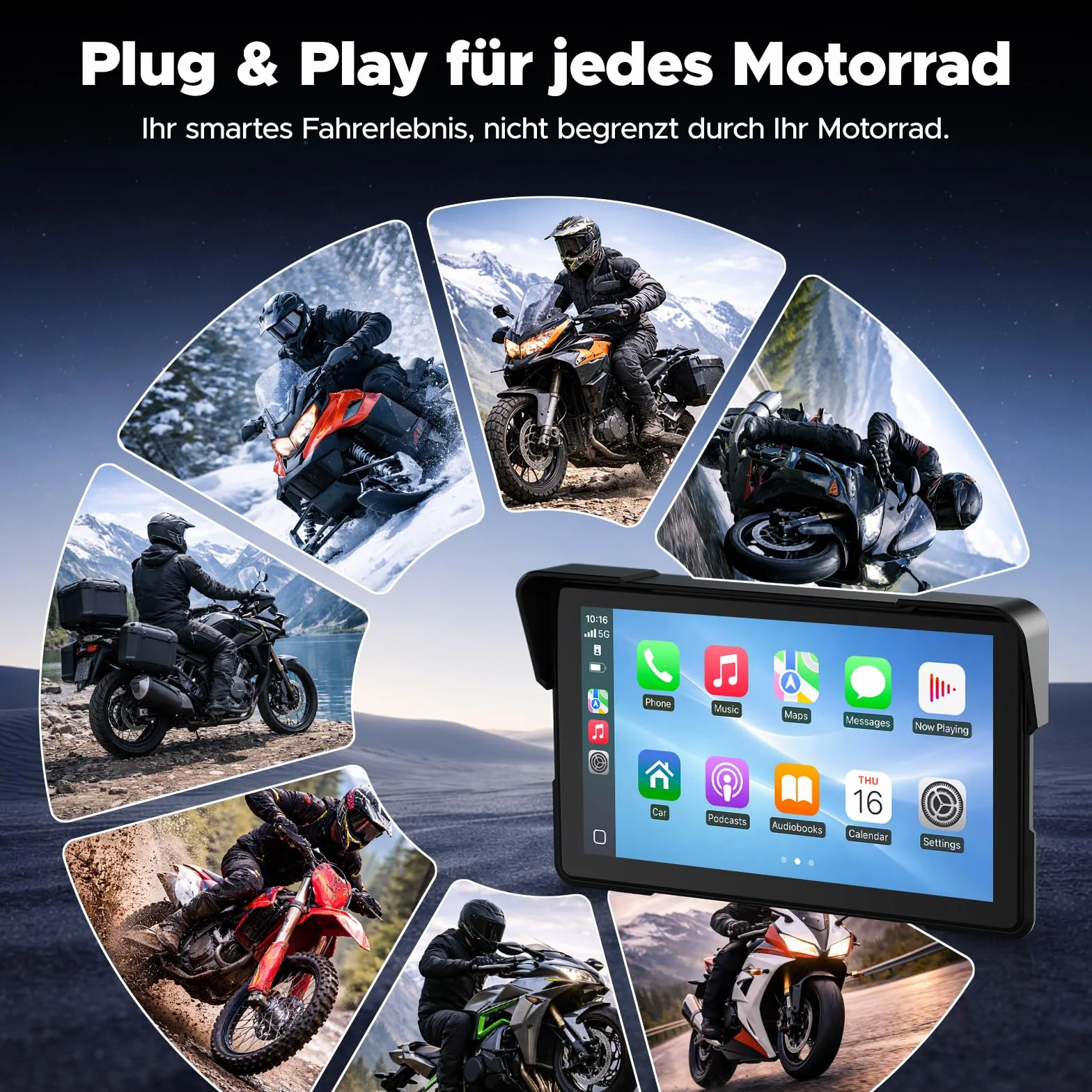Volam Pantalla Carplay para Motocicleta, CarPlay y Android Auto Inalámbricos, 7 Pulgadas Pantalla Táctil Impermeable IP67 con Navegación GPS, Doble Bluetooth, Asistente de Voz, Plug y Play