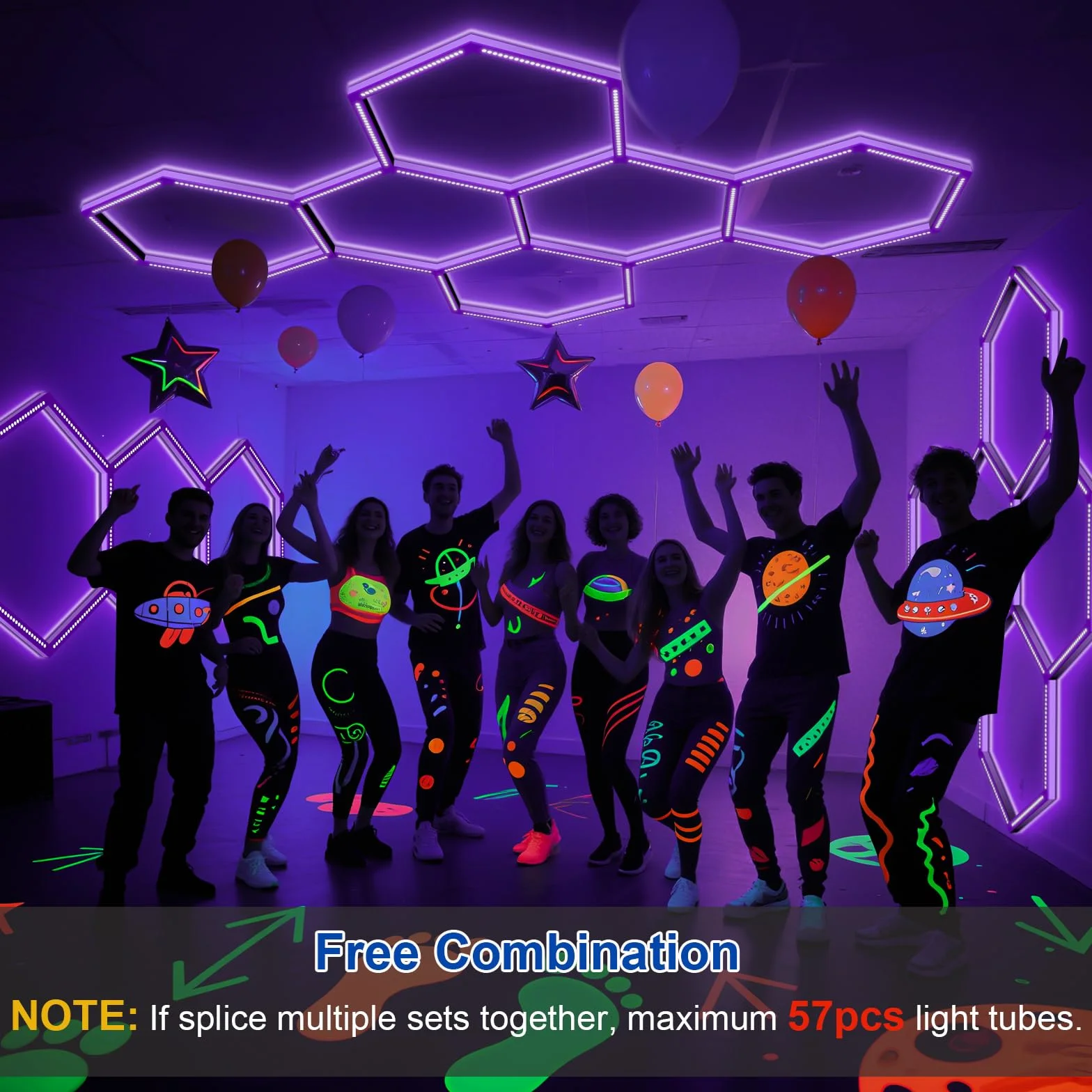 Luz negra hexagonal, 144 W, 5 rejillas LED de panal de abeja UV con enchufe de alimentación para luz de fiesta brillante, póster de pintura corporal, decoración fluorescente para fiesta de