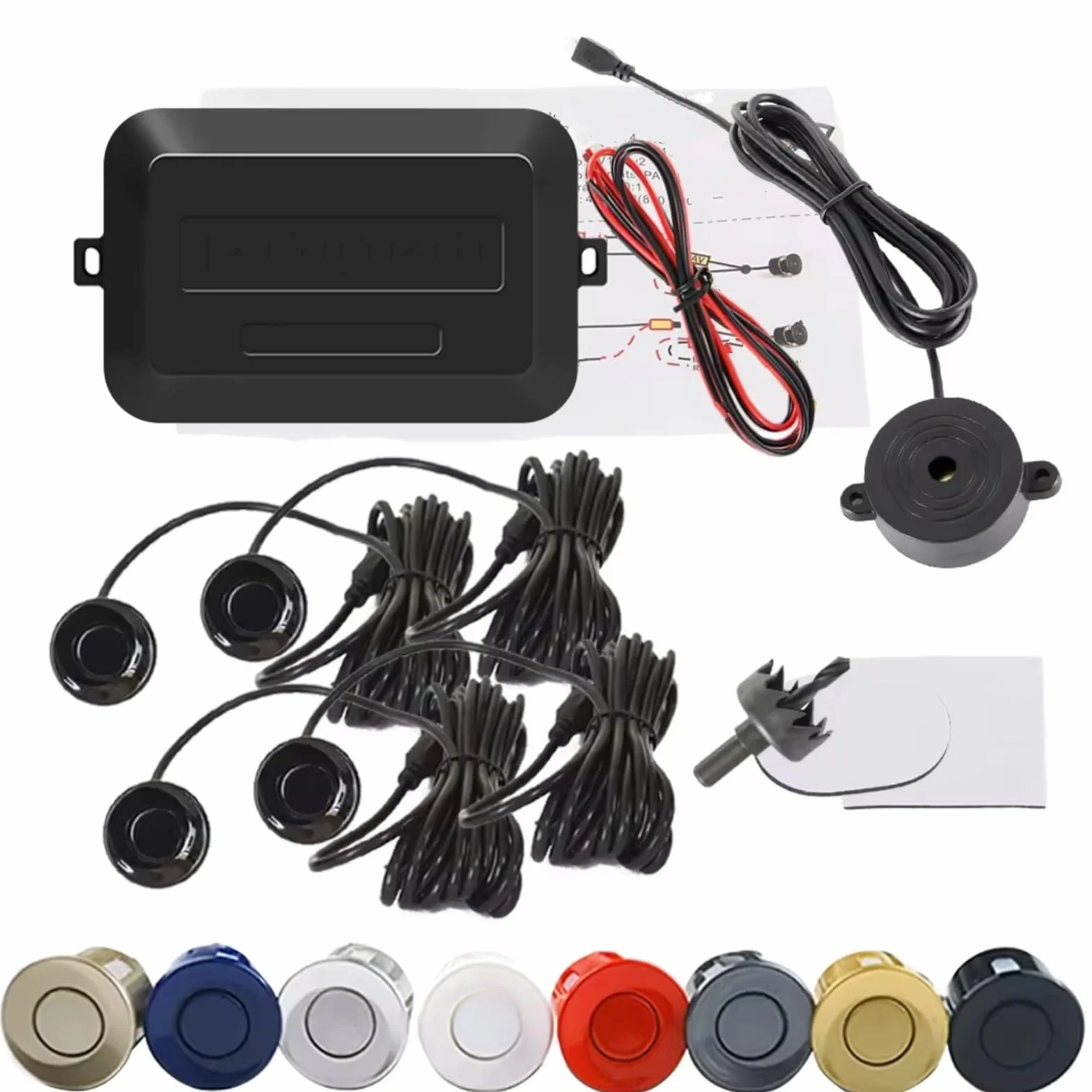 Sensor Ayuda Aparcamiento Kit De Sensor Estacionamiento para Automóvil con Zumbador, Sonda Indicadora Alerta Sonora con Radar De Respaldo, 4 Sensores De 22 Mm Y 12 V Radar Parking Sensor(Plata)