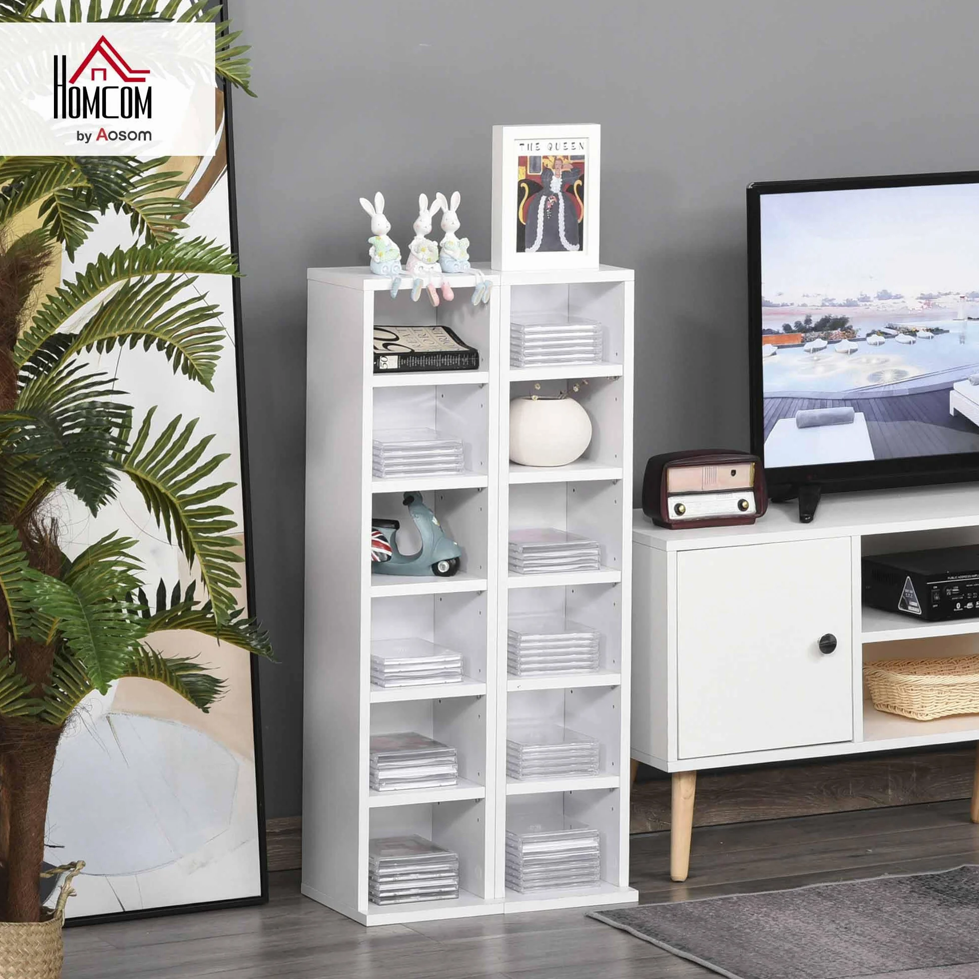 HOMCOM Set de 2 Estanterías para CDs y DVDs, Soportes para CD Estrechos con 12 Compartimentos, Estantes Ajustables, Estanterías para Salón, Oficina, 21x22,5x88,5 cm, Blanco