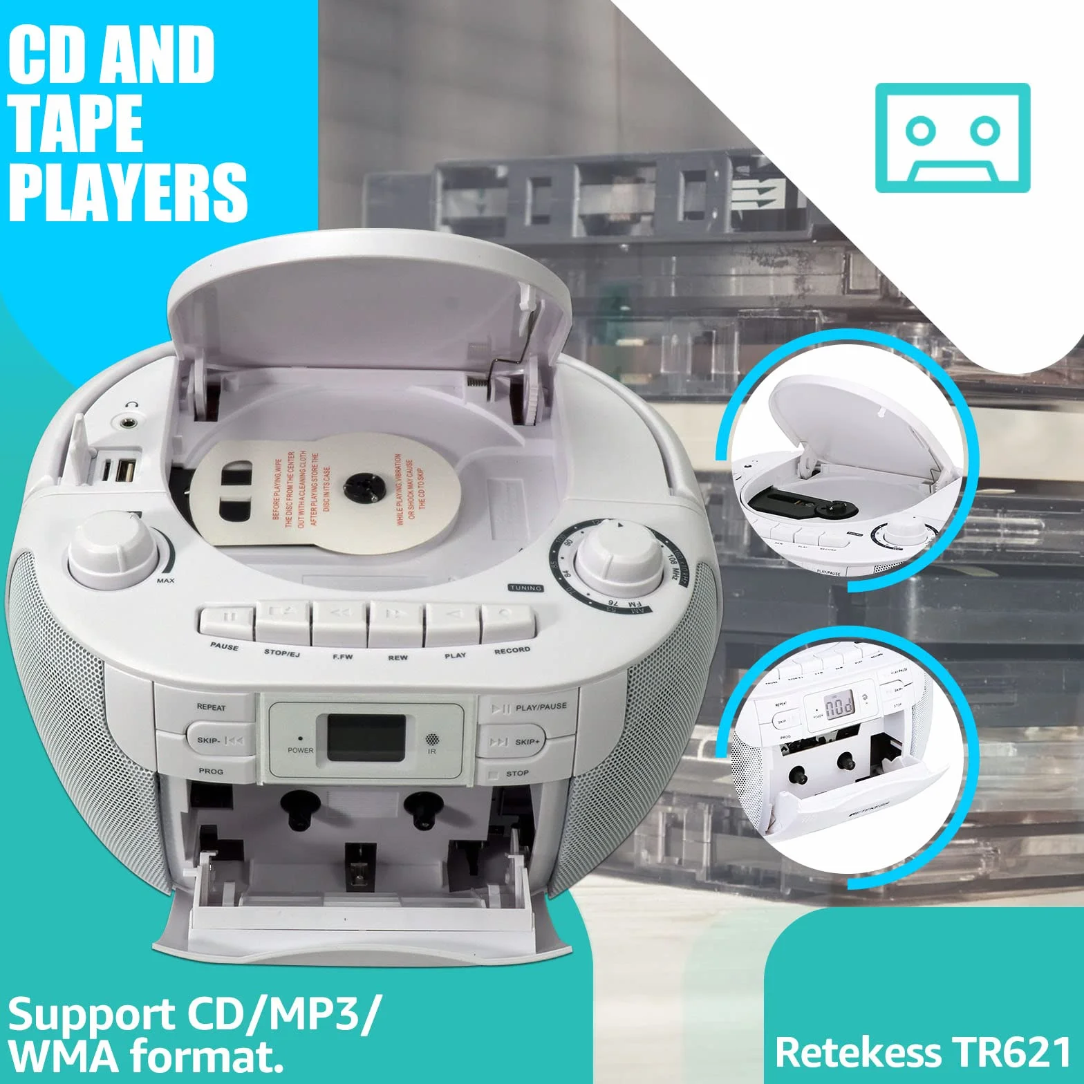 Retekess TR621 Radio CD Reproductor Boombox Stereo FM AM USB TF Grabación Control Remoto Blanco