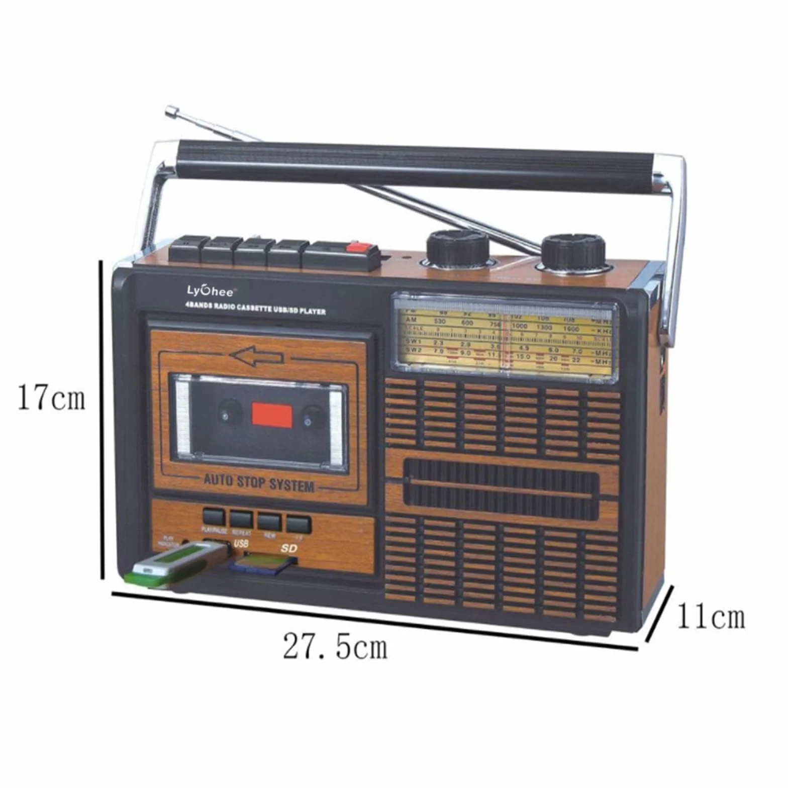 Lychee Boombox Grabador Reproductor Cassette Retro Portátil Radio AM/FM/SW1-2 Cuatro Bandas SD USB Marrón