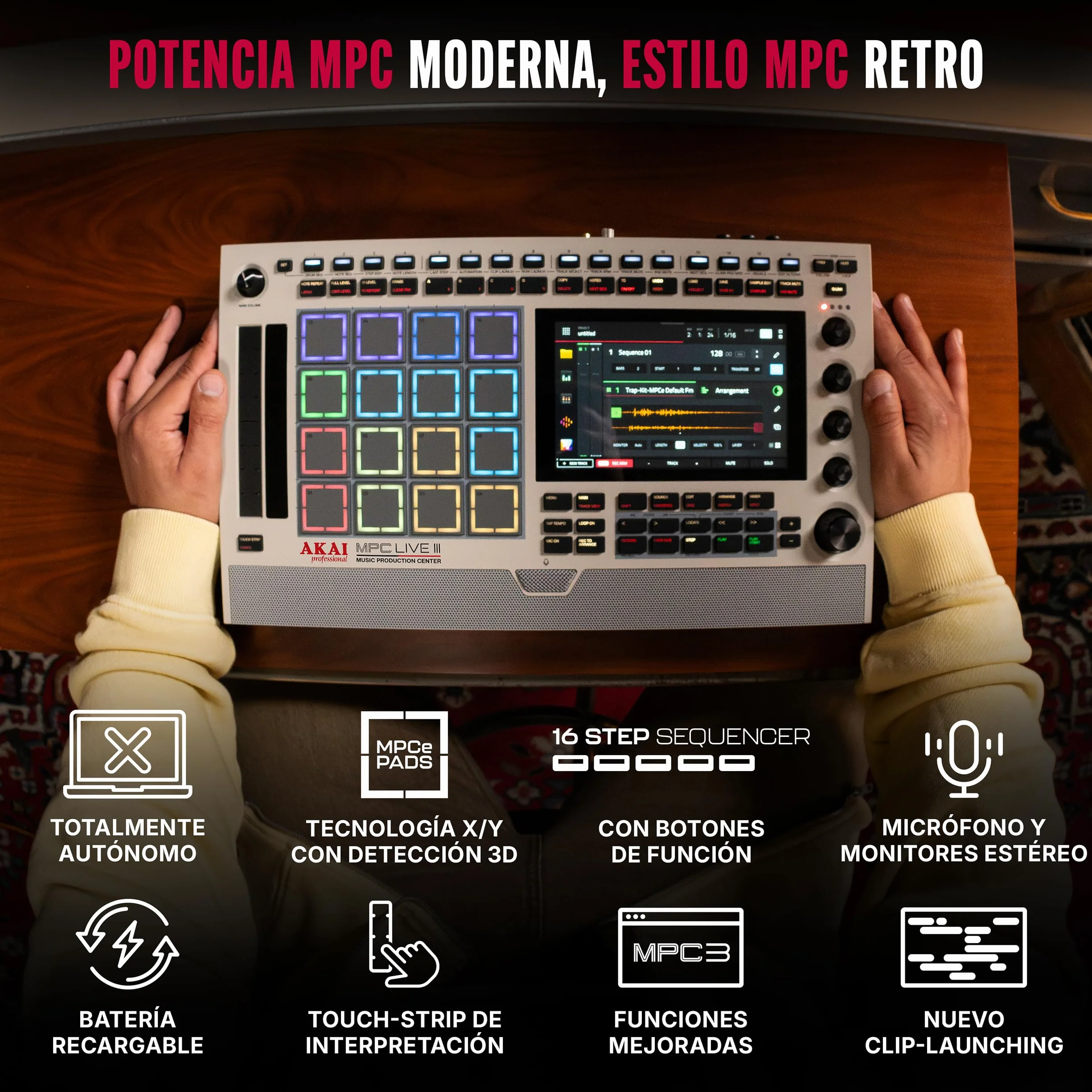 Akai Professional MPC Live III Retro Centro de Producción Musical portátil y Autónomo con Pads MPCe, Secuenciador, Pantalla táctil, Micrófono, Altavoces, Interfaz de Audio, Wi-Fi, Bluetooth, Batería