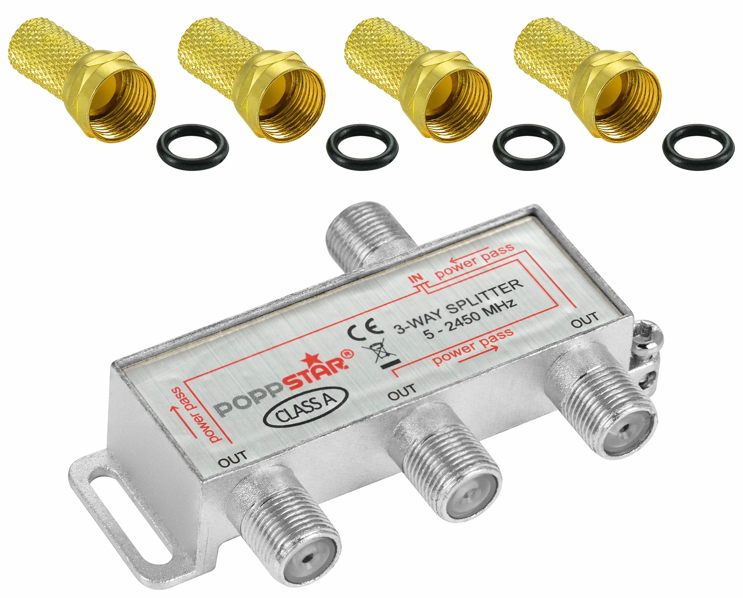 Poppstar Satellite Splitter TV de 3 Salidas Incl. Conectores F (Adecuado para análogo, Digital, unicable, HD, 4K), Mezclador satelite para Cable, TV, Radio, LNB