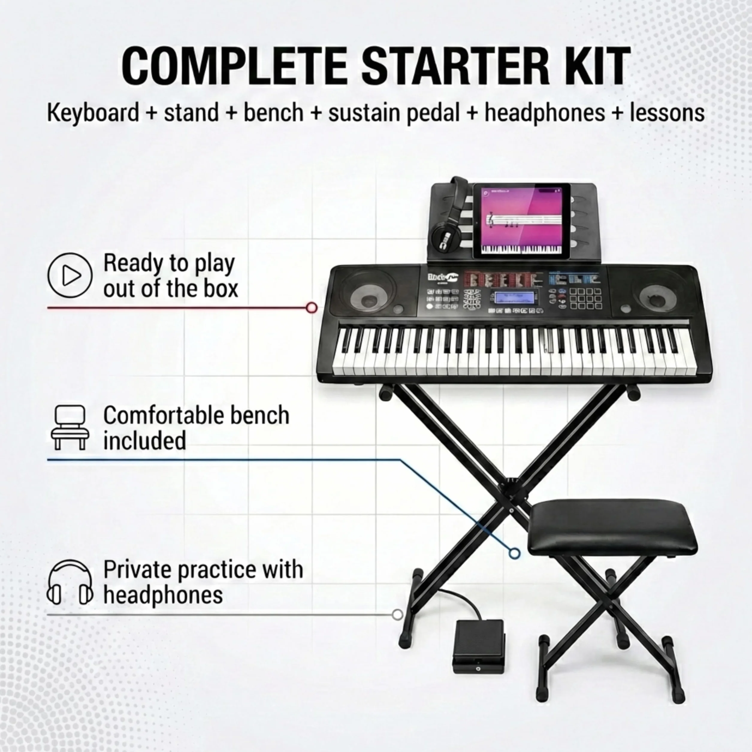 Rockjam Rj761 61 Kit de Teclado de Piano, Piano Digital 61 Clave, Banco Teclado, Soporte de Teclado, Auriculares, Pedal de Sustain y Simplemente Aplicación Piano
