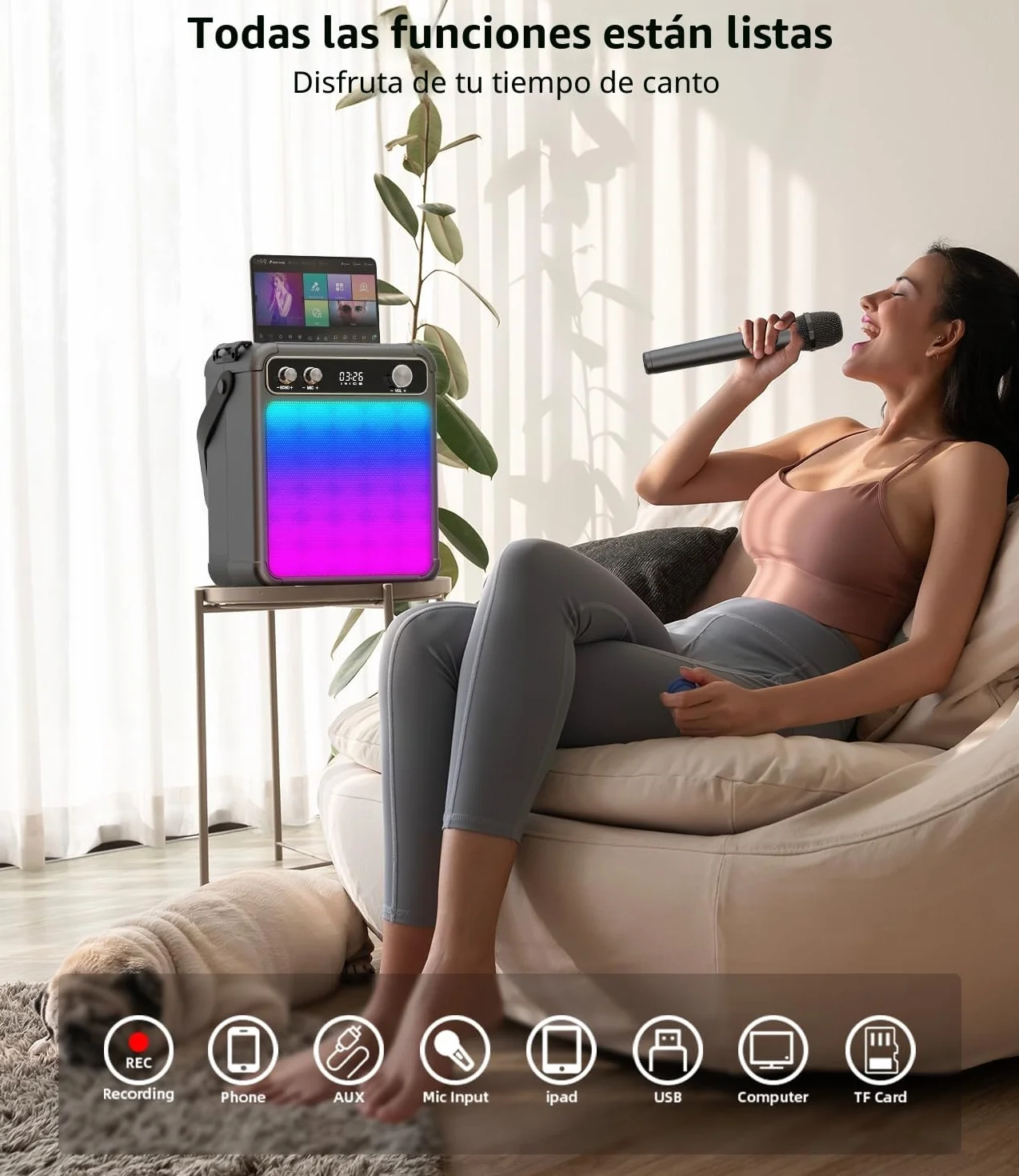 Máquina de Karaoke con 2 micrófonos inalámbricos, Altavoz Karaoke Profesional para Adultos, Bluetooth portátil con Luces LED,para Fiestas,Regalo,al Aire Libre.Sostener TF/USB/TWS/Mic/AUX