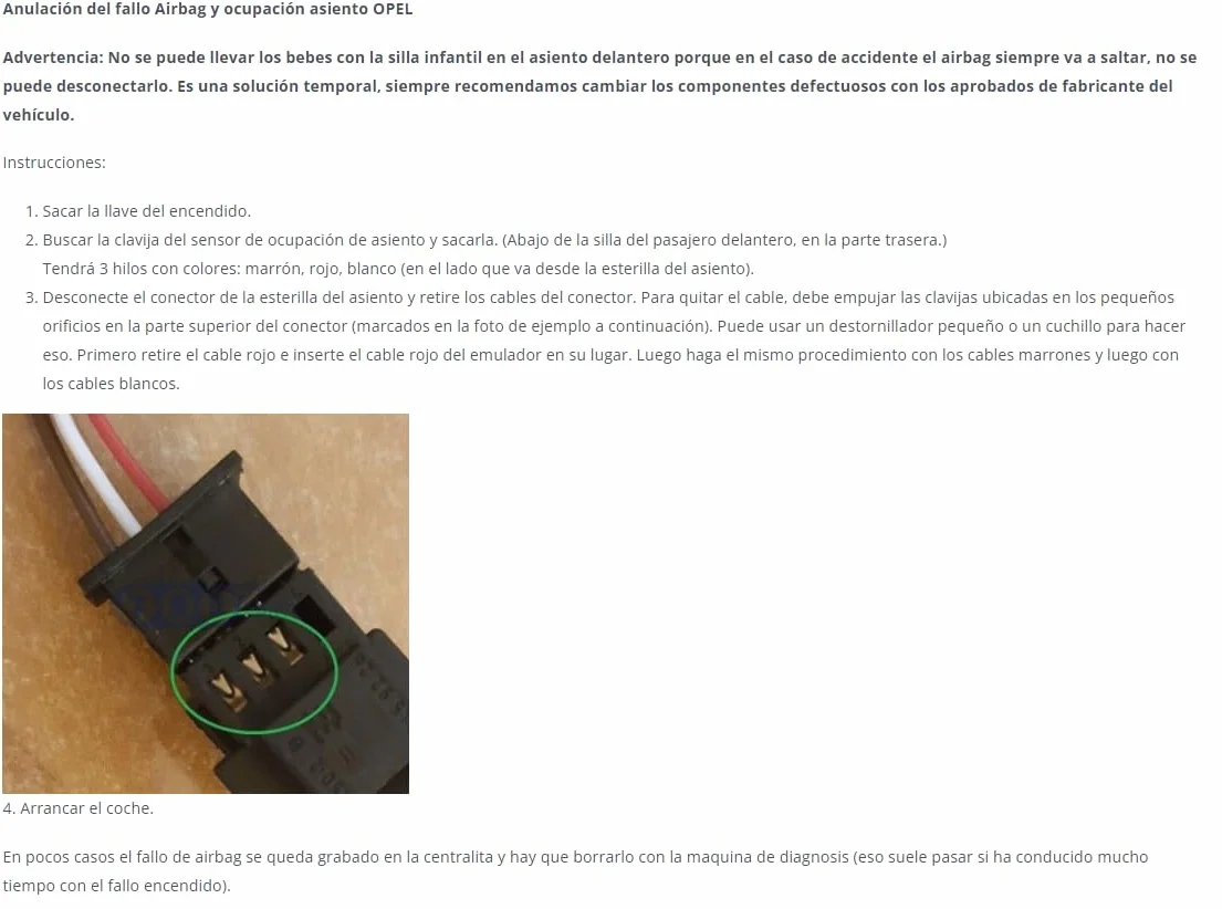 Herramienta auxiliar de diagnóstico – sensor de ocupación asiento pasajero compatible con Astra G Zafira A Corsa C Meriva A Omega B Vectra C Signum