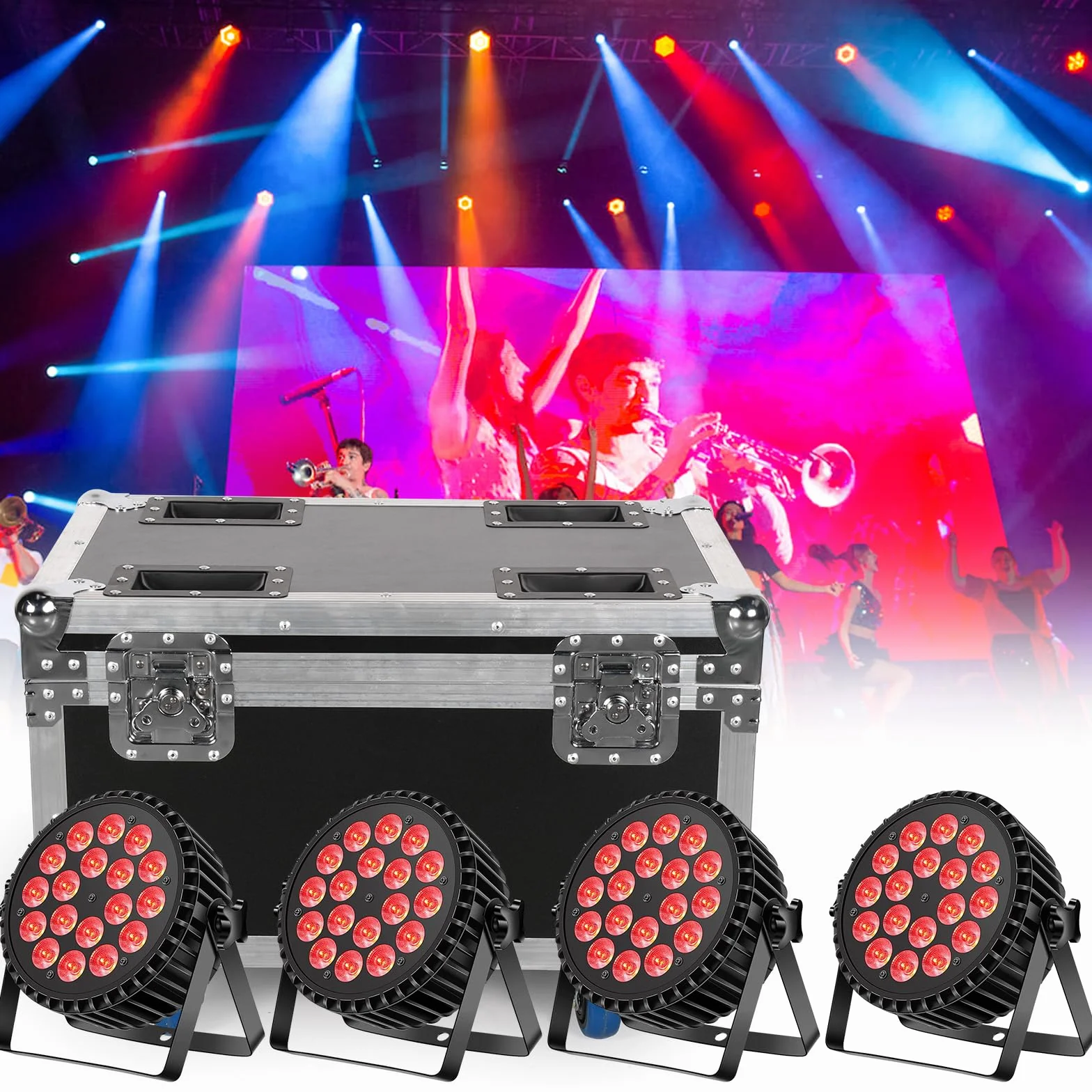 4 unidades de 18 LED par Stage Light Shell de aluminio con Flightcase, 200 W RGBW Disco Party Light con Auto/Strobe / DMX512 modo de control, Disco Light Moving Head para Party Club Bar