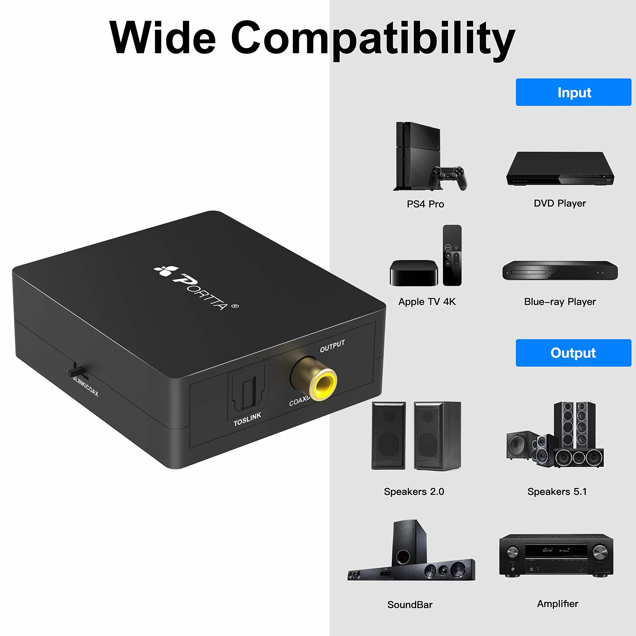 Portta Optical TOSLINK a Coaxial O Coaxial SPDIF a Toslink Convertidor de Audio Digital Bidireccional 2 vías SPDIF