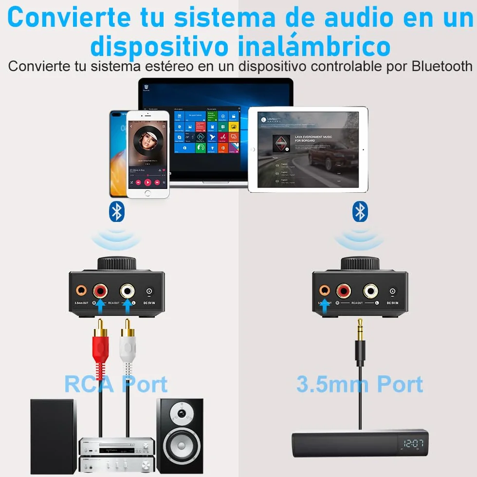 YMOO Receptor Bluetooth 5.3 HiFi Audio con RCA y 3,5mm Jack, Adaptador Bluetooth para Equipo de Música/Amplificador/Altavoz, 30M AUX Receiver Adapter Inalámbrico, Conexión Dual para Dos Altavoces