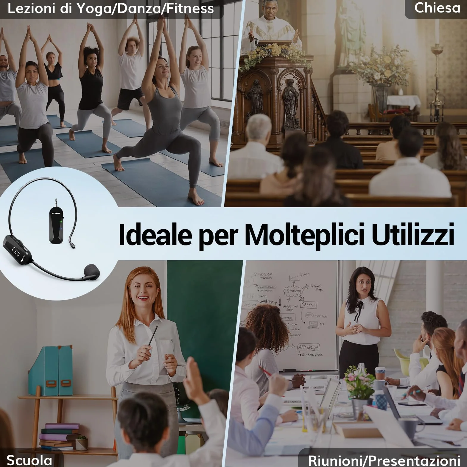 TONOR Microfono Inalambrico Diadema, UHF Wireless Micrófono de Mano y para la Cabeza 2 en 1, 20 Canales,6.5H Autonomia, Amplificador de Voz Portatil para Fitness/Conferencias/Guía Turístico/Profesores