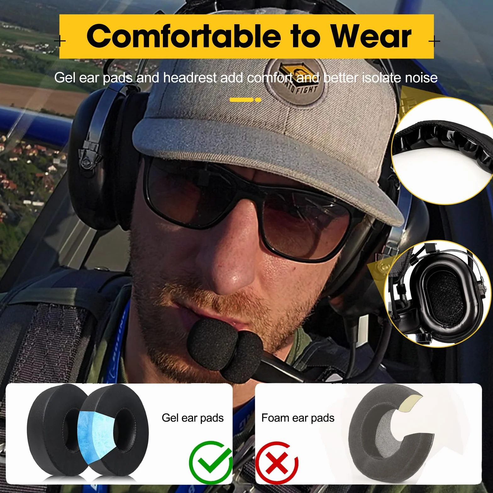 Retevis EHG001 - Auriculares de aviación Premium para Pilotos, Mono y estéreo, reducción de Ruido pasiva, micrófono con cancelación de Ruido, reposacabezas de Gel para Orejas, Diadema de Ajuste