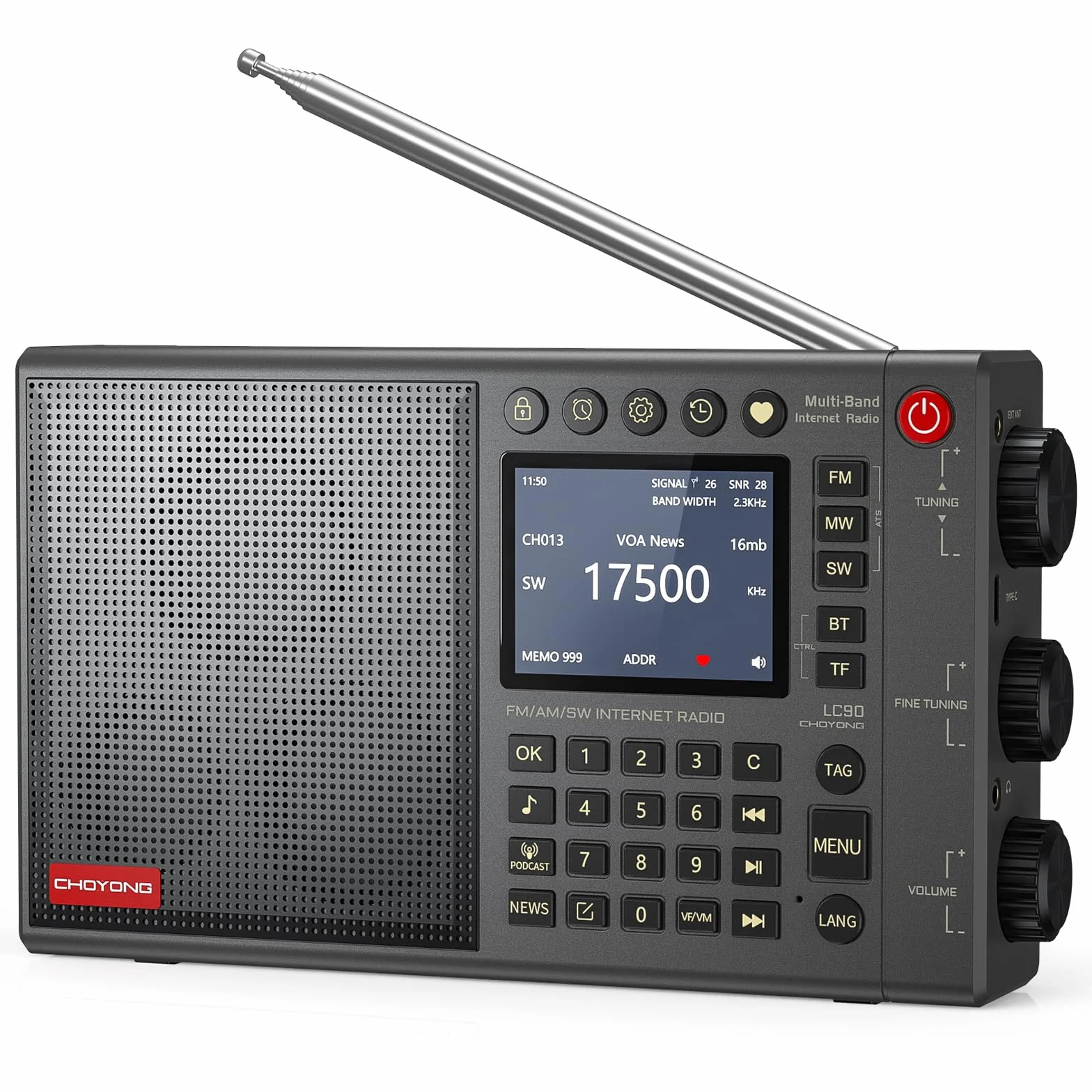 CHOYONG LC90 - Radio de Internet Wi-Fi/4G, Radio portátil FM/LW/MW/SW con batería Recargable de 5000 mAh, Estaciones de Radio 40K, Altavoz BT, Reloj Despertador, Altavoces estéreo de 15 W, Compatible