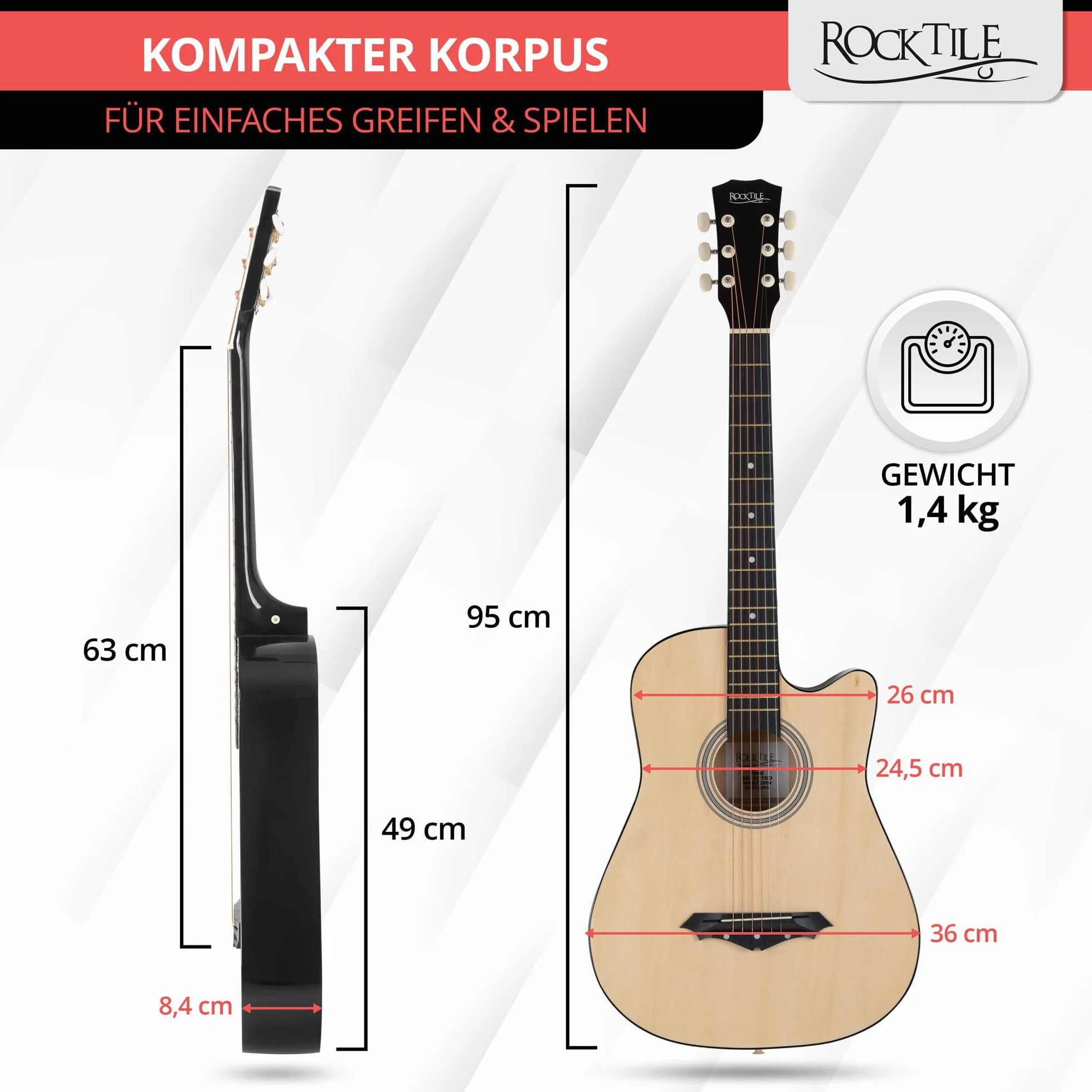 Rocktile WSD-5C-NT Slim Line Set De Guitarras Western - Guitarra Acústica Dreadnought - Cuerpo De Tilo - Mástil: Catalpa - Set Incluye Funda, Cuerdas De Repuesto, Correa Y Púas - Natural