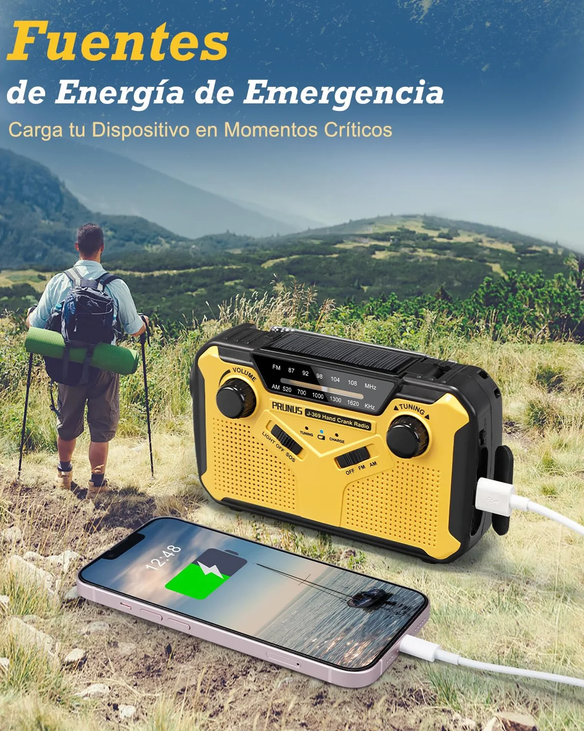PRUNUS J-369 Radio Solar y a Pilas, Radios Emergencia con Manivela, Am FM Radio Portatil Pequeña Recargable con Banco de Energía de 3000 mAh, Lámpara Lectura, Linterna, SOS.