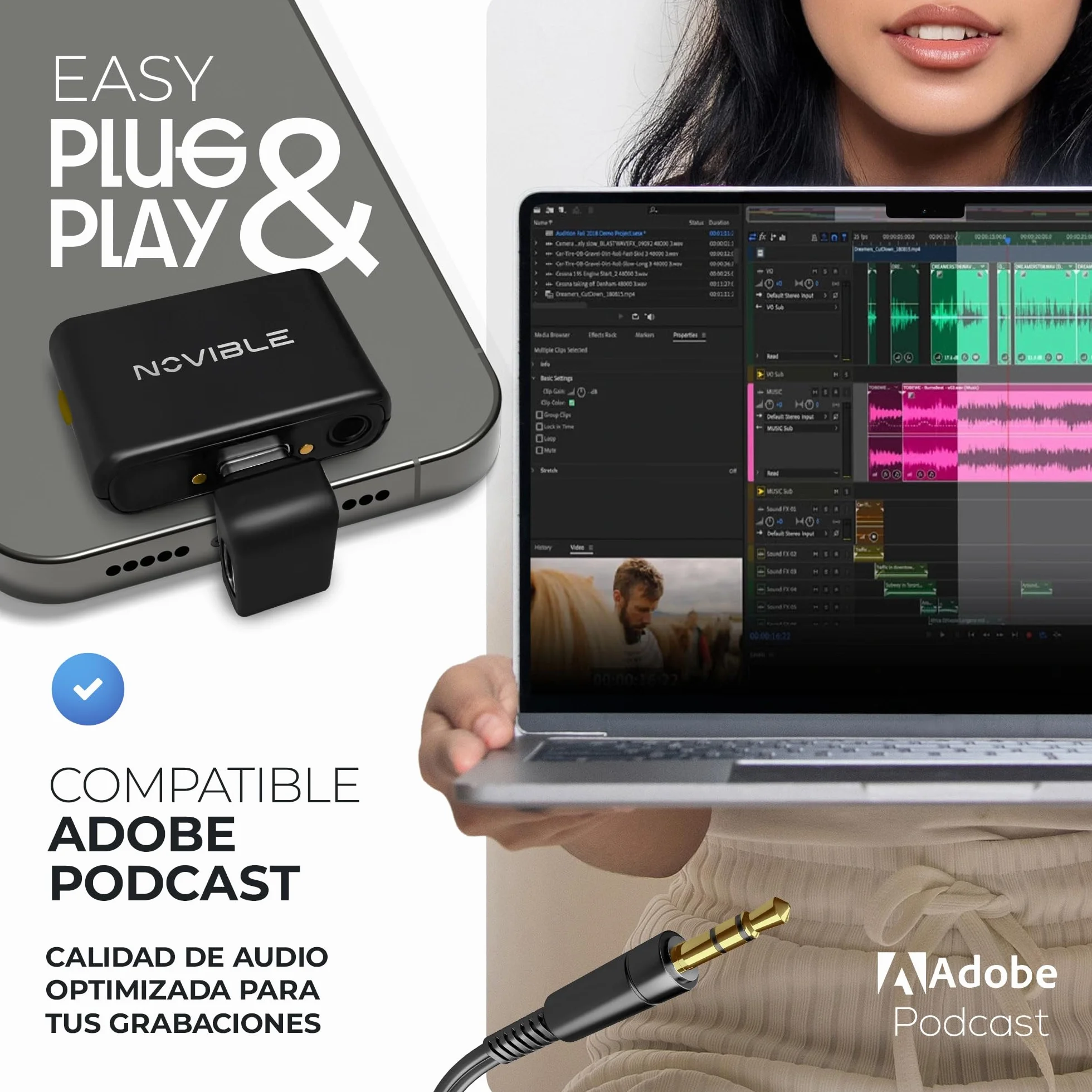 Micrófono Inalámbrico para iPhone, Android USB-C y Cámara, Micro de Solapa para 2 Personas y Móvil, Mini Micrófono 48 kHz/24 bits, Estuche de Carga 25 h, Reducción de Ruido, Adaptadores, Vlog YouTube