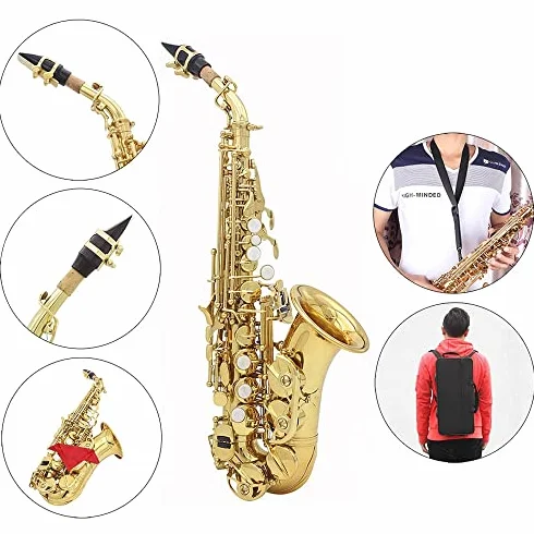 Saxofón, espina curva de latón con patrón tallado, instrumento soprano, incluye funda, guantes, paño de limpieza y cinturón