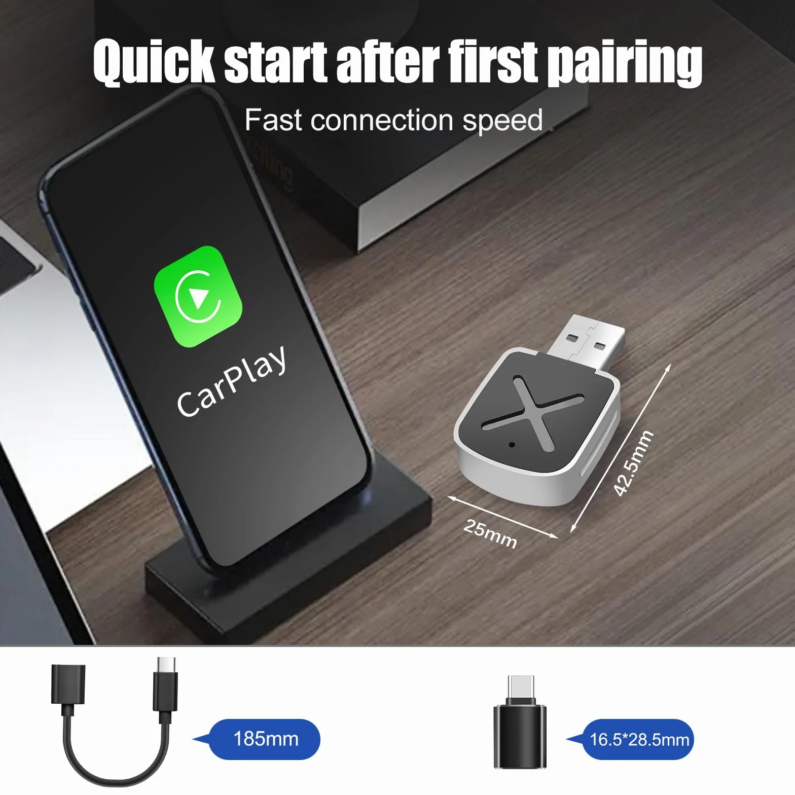 Adaptador Carplay Inalámbrico, Convertir Coche Pantalla Carplay con Cable a Carplay inalámbrico, USB Carplay Compatible con Coches a Partir de 2016 y Teléfonos iOS 10+