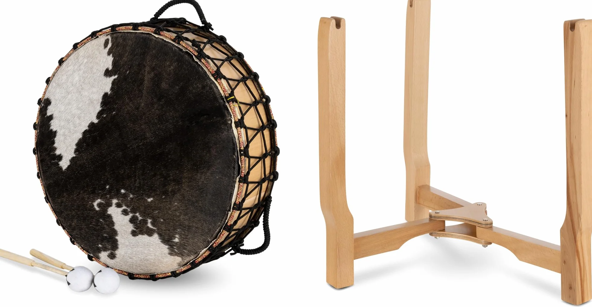 Cantabile Tambor chamánico 20" — tambor ritual y de meditación con piel de cabra en ambas caras; incluye soporte 3 patas, funda acolchada y 2 mazas de fieltro. Sonido resonante y profundo. Natural.