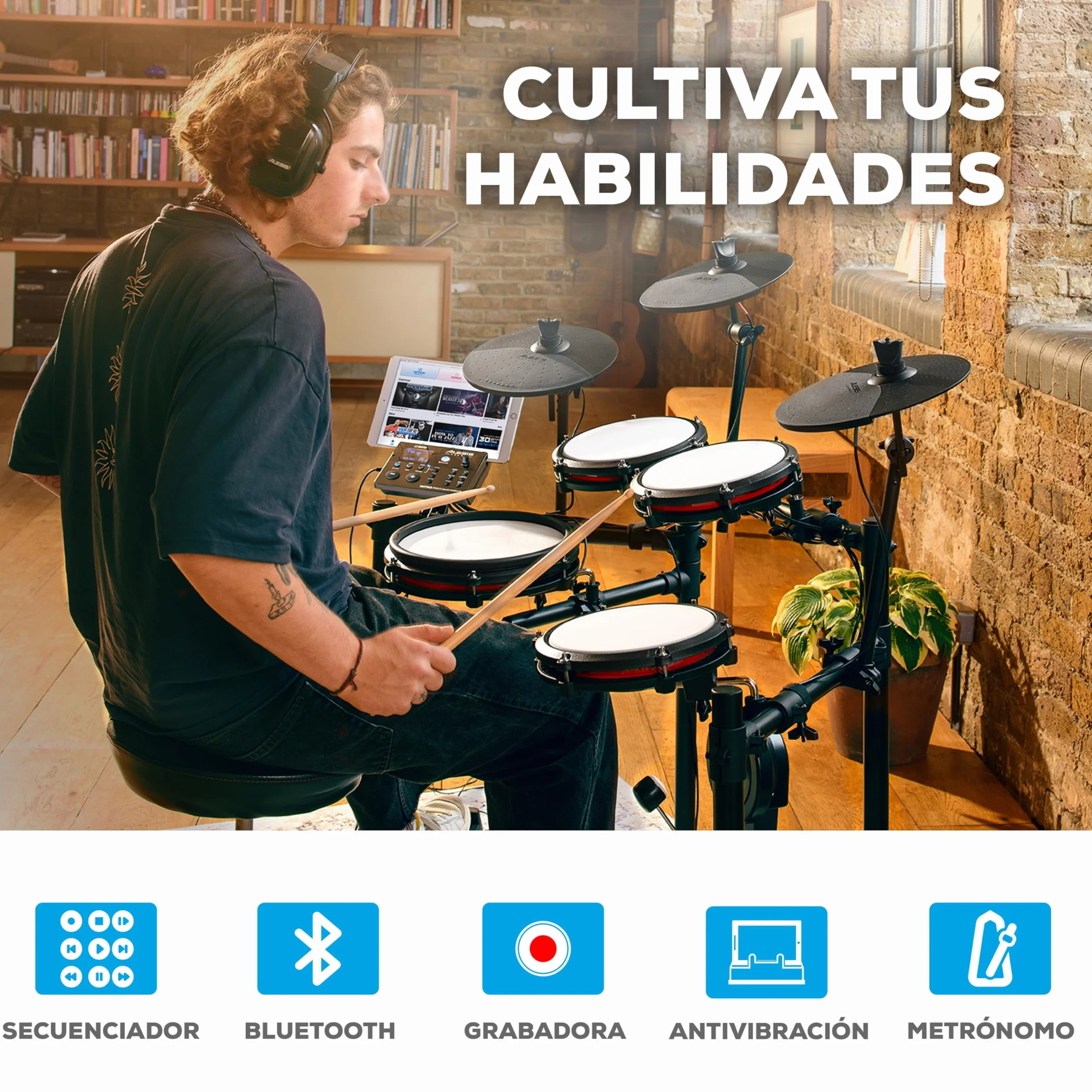 Alesis Nitro Max Kit - Batería Electrónica Compacta con Parches de Malla Silenciosos, Caja de Doble Zona de 10", Bluetooth, +440 Sonidos BFD, Drumeo, USB MIDI, Pedal de Bombo