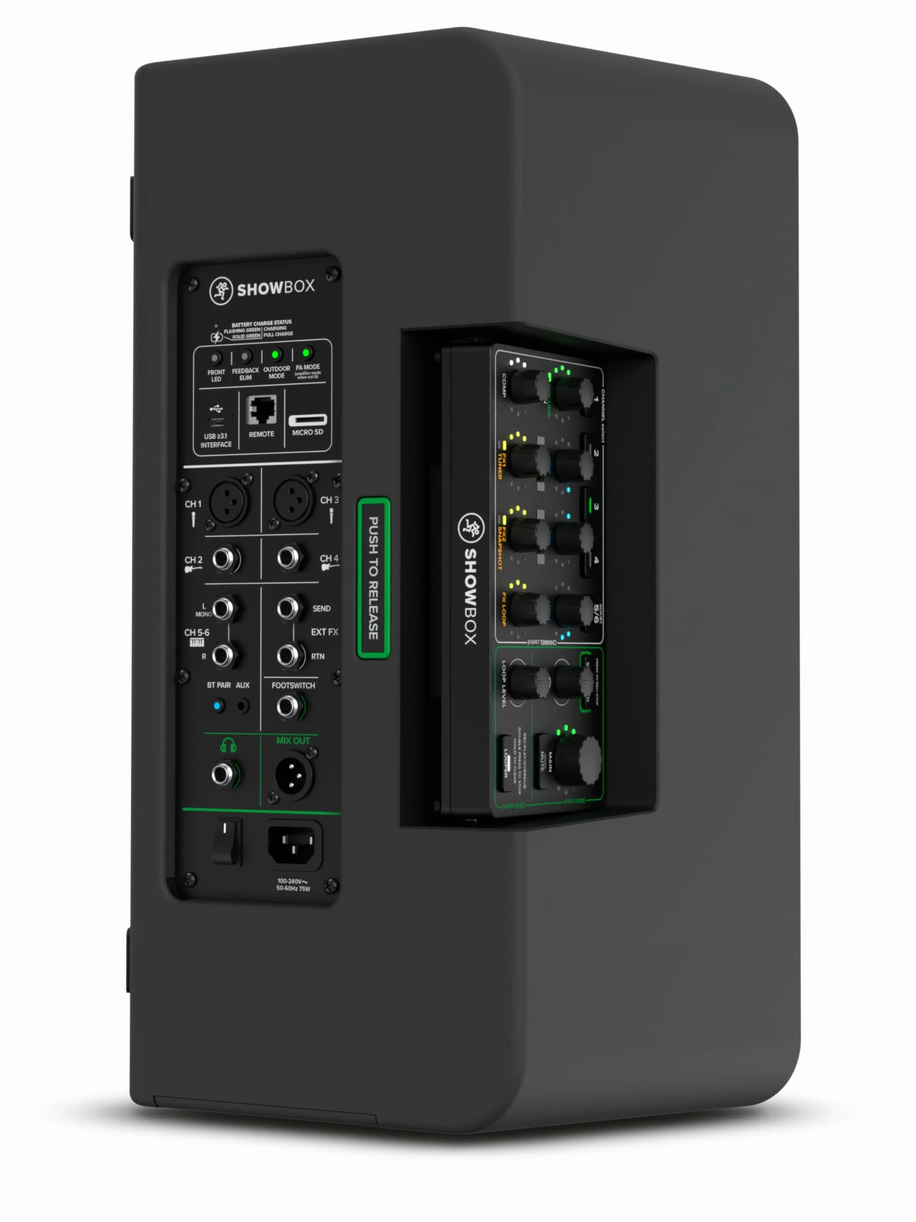 MACKIE ShowBox Equipo para actuaciones todo en uno alimentado por batería con control de mezcla Breakaway