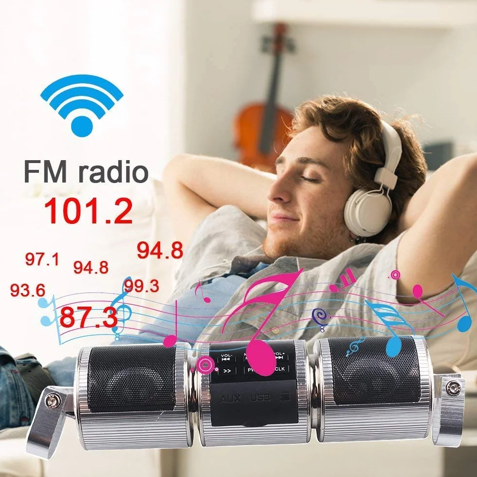 Radio FM Bluetooth para motocicleta, impermeable, 12 V, HIFI con sistema de sonido estéreo para ATV, Jet Ski, radio, alarma remota, reproductor de MP3, color negro