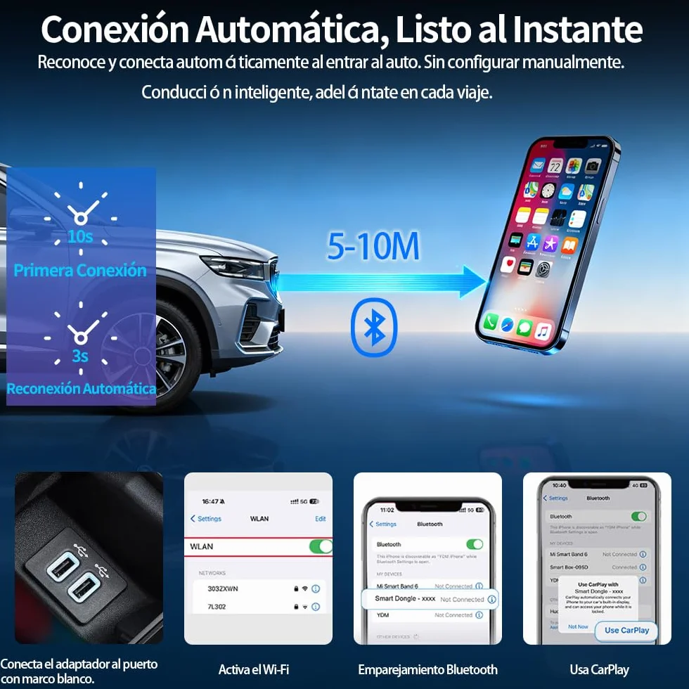 2 en 1 Adaptador CarPlay Inalámbrico, Bluetooth V5.3 Conexión Estable, WiFi 6 de Doble Banda de Alta Velocidad, USB A/C, Bluetooth Car Play Wireless Adapter Dongle para iPhone iOS 10+ & Android 11+