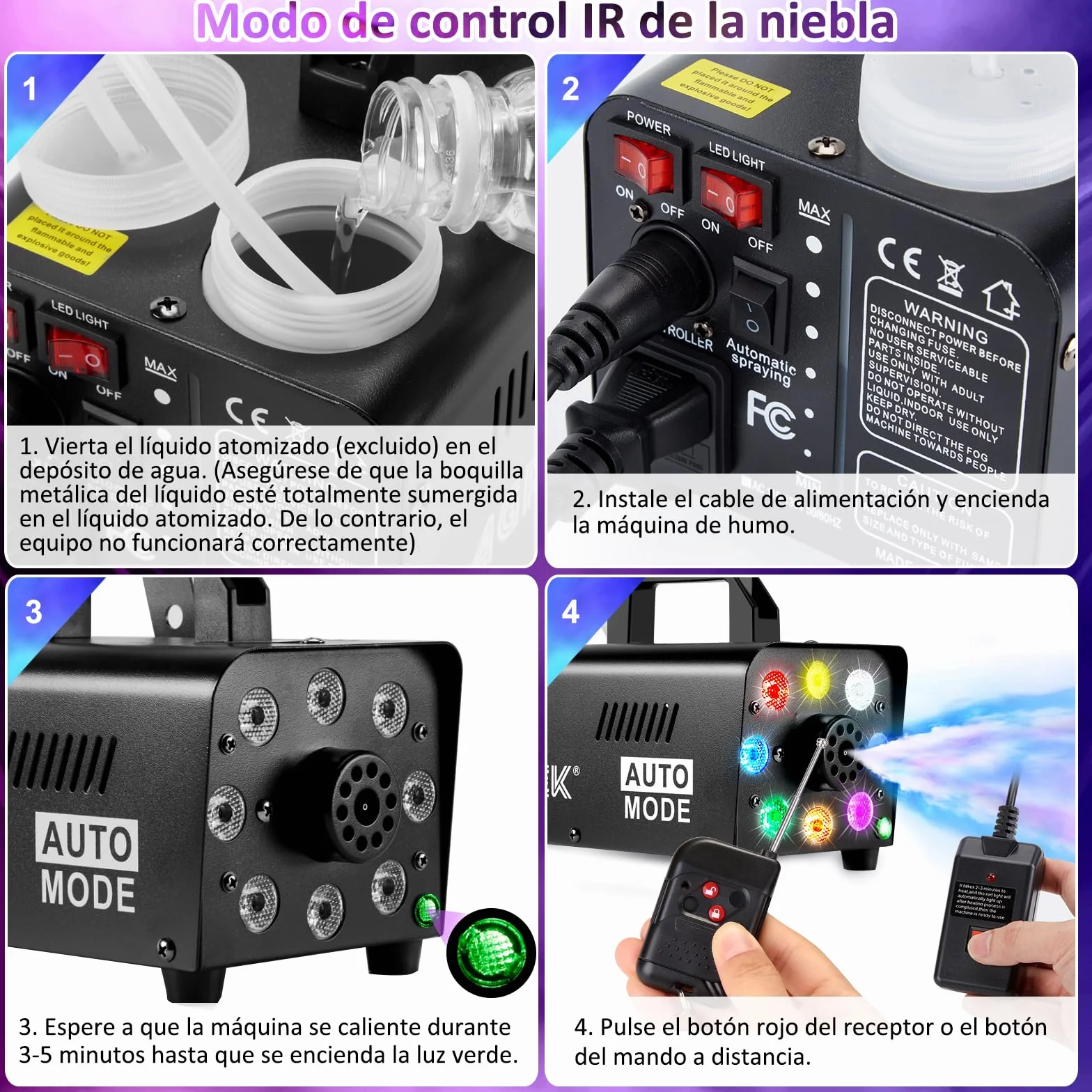 AGPTEK Máquina de humo con mando a distancia inalámbrico y 8 luces LED, estable y portátil, ideal para Halloween, Navidad, bodas, actuaciones en el escenario, etc.