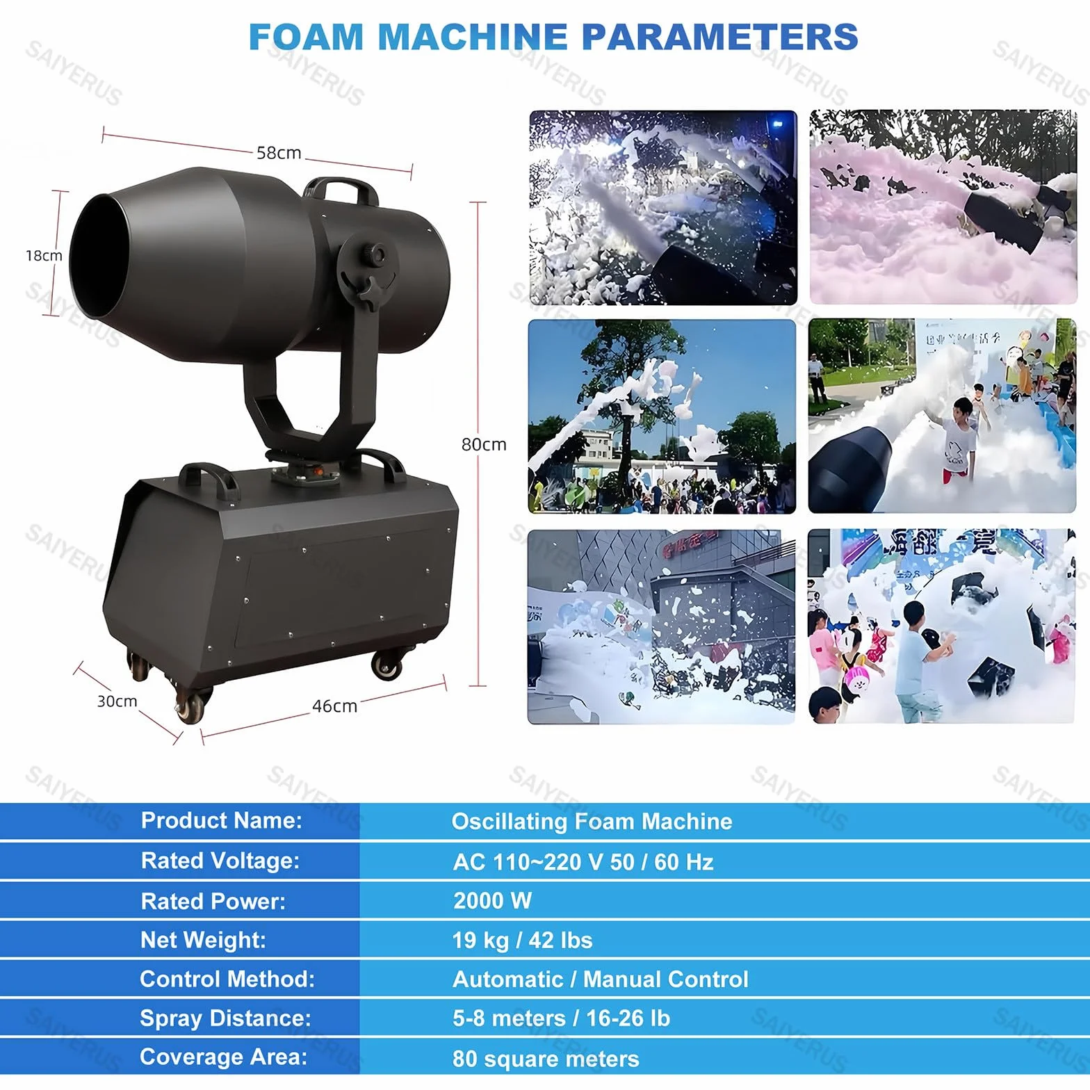 Máquina de Espuma de 2000W, Cañón de Burbujas con Cabezal Giratorio Auto, Alcance de 5-8m y Cobertura de 80m², Ideal para Fiestas Temáticas, Festivales, Conciertos, Bodas, Eventos Escolares