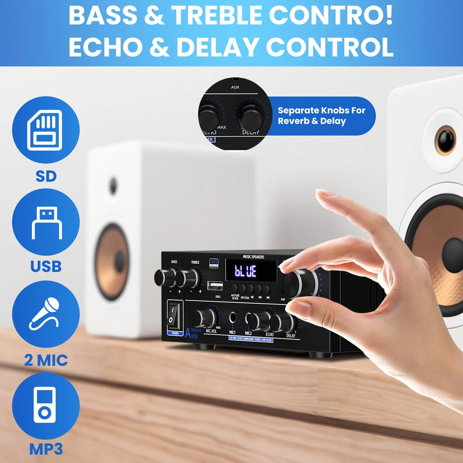 2 Canales Amplificador, 1000W Audio Estéreo, Bluetooth 5.3 Mini Hi-Fi Amp, para Dos 50W x2 Altavoces de Unas 8 Pulgadas, Bass/Treble/AUX/FM/MIC/USB, para TV, para el hogar o tu Coche (AK55)