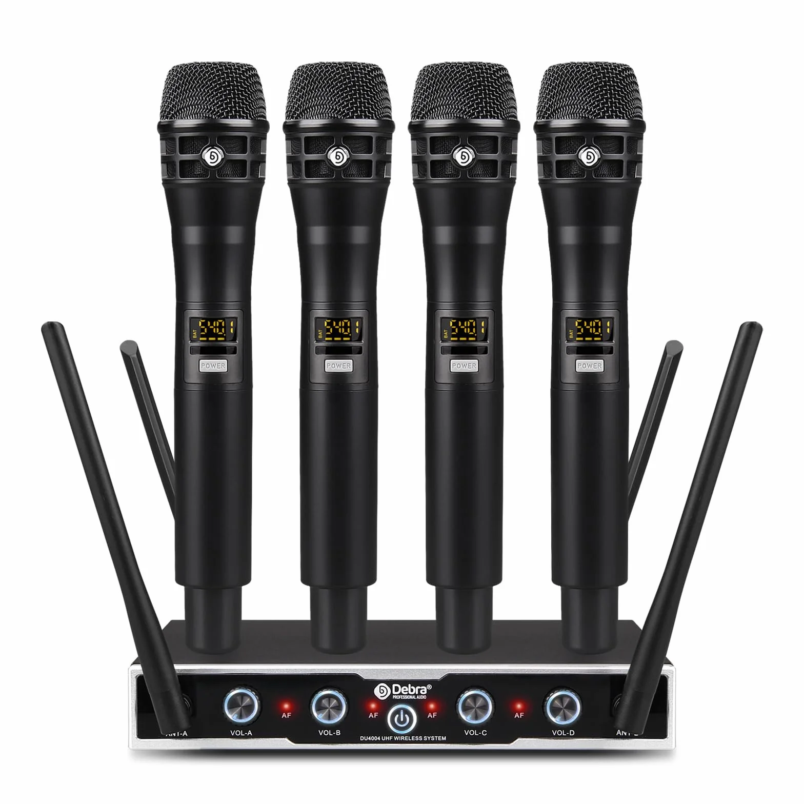 D Debra Micrófono inalámbrico Profesional DU4004 UHF – Sistema de 4 Canales con 16 Frecuencias Ajustables y Pantalla – 4 micrófonos de Mano para discursos, Iglesias y Fiestas