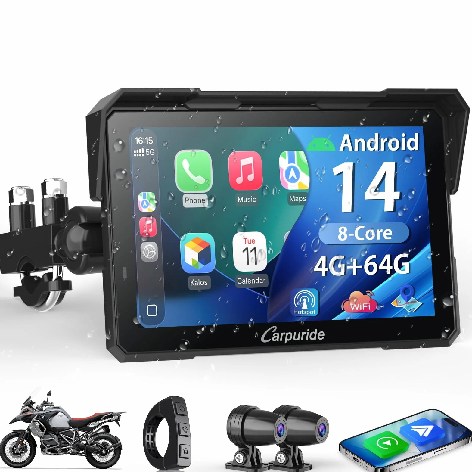 Carpuride W702 Plus Motocicleta Carplay Pantalla con Doble Cámara 7" Pantalla Táctil Impermeable CarPlay Android Auto Inalámbricos