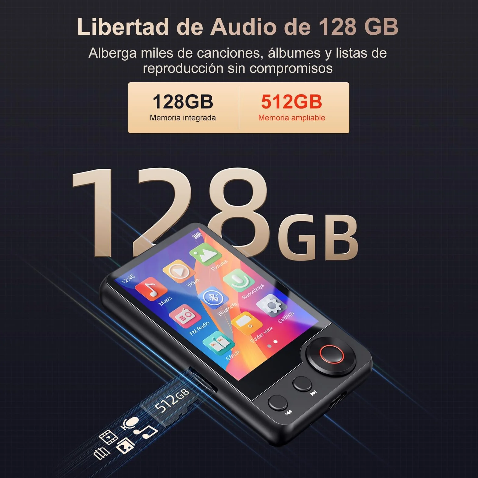 MECHEN 128 GB Reproductor MP3 Bluetooth 5.3 Pantalla Táctil 2,4 Pulgadas Radio FM