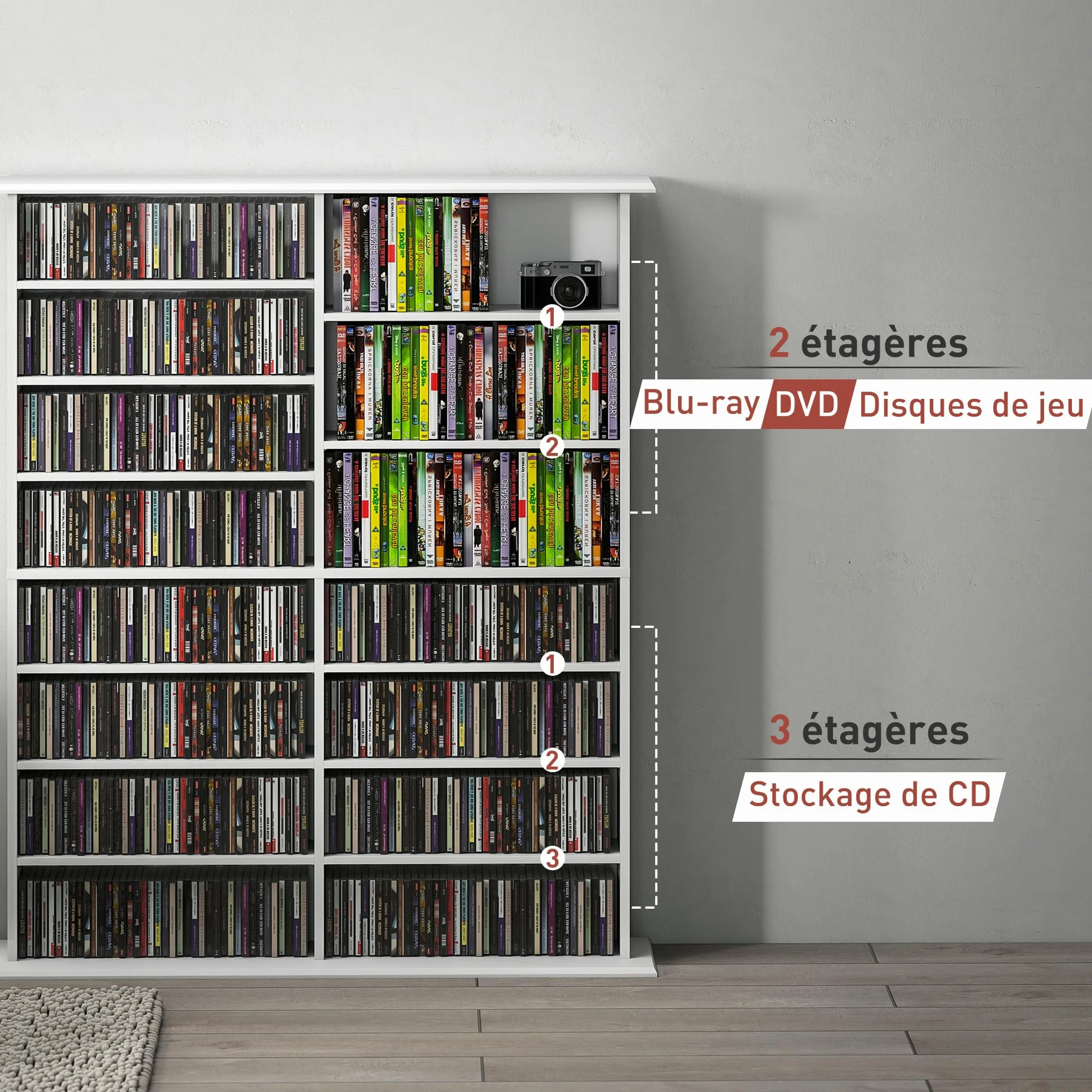 Unidad de Almacenamiento de CD y DVD HOMCOM, Unidad de Almacenamiento Multimedia con 16 Compartimentos y 12 estantes Ajustables, Capacidad máx. 720 CD/396 DVD y BLU-Ray, 106,5 x 24 x 123,7 cm, Blanco