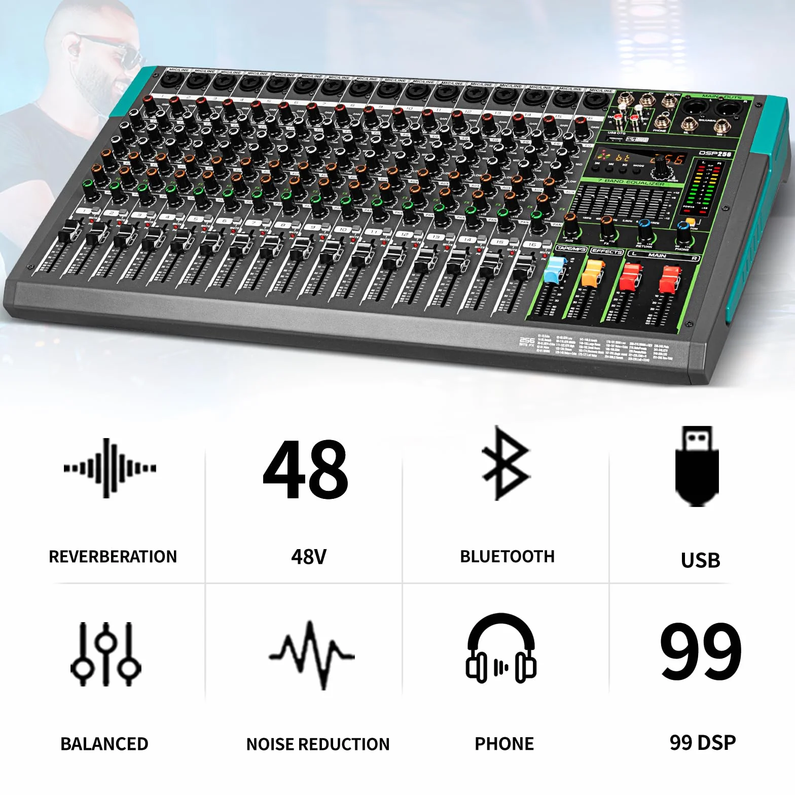 Depusheng PA16 mezclador profesional consola de interfaz de sistema de escritorio 16 canales digital USB Bluetooth MP3 48V alimentación fantasma incorporada 256 efecto de reverberación