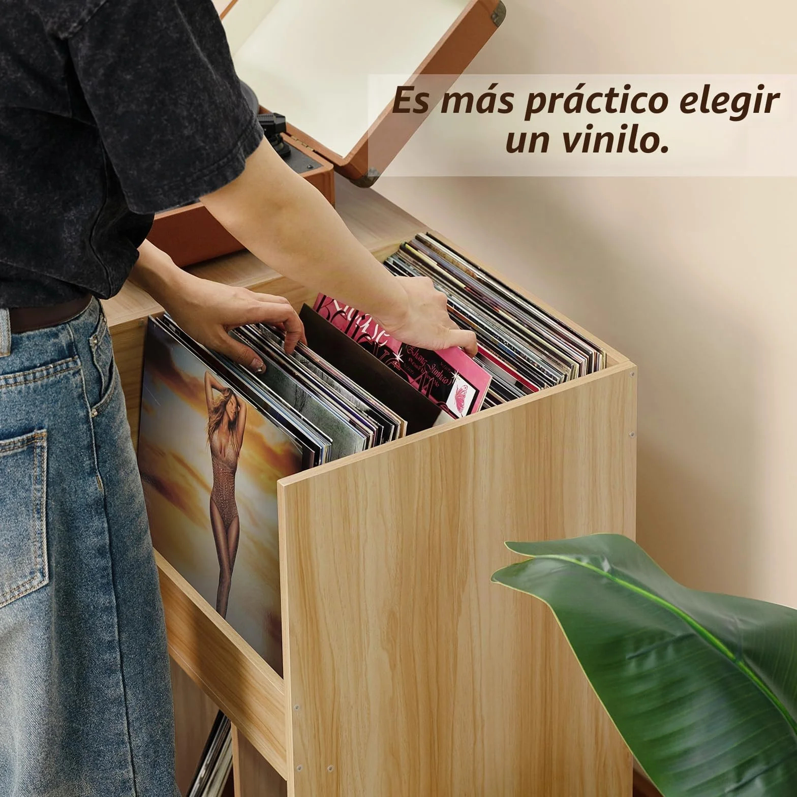 Gran soporte para discos con almacenamiento, soporte para tocadiscos con estante, soporte para discos de vinilo con área de exhibición, soporte para discos para hasta 300 álbumes, estantería para