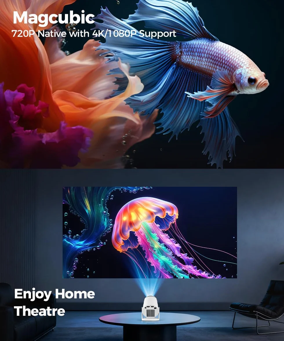 Proyector Portátil con Android 14, Mini Proyector 4k 1080P Full HD Soporte 200ANSI 8000L, Videoproyector WiFi 5G BT 5.4, Cine Projector 180 ° Se Puede Girar para TV Stick Blanco