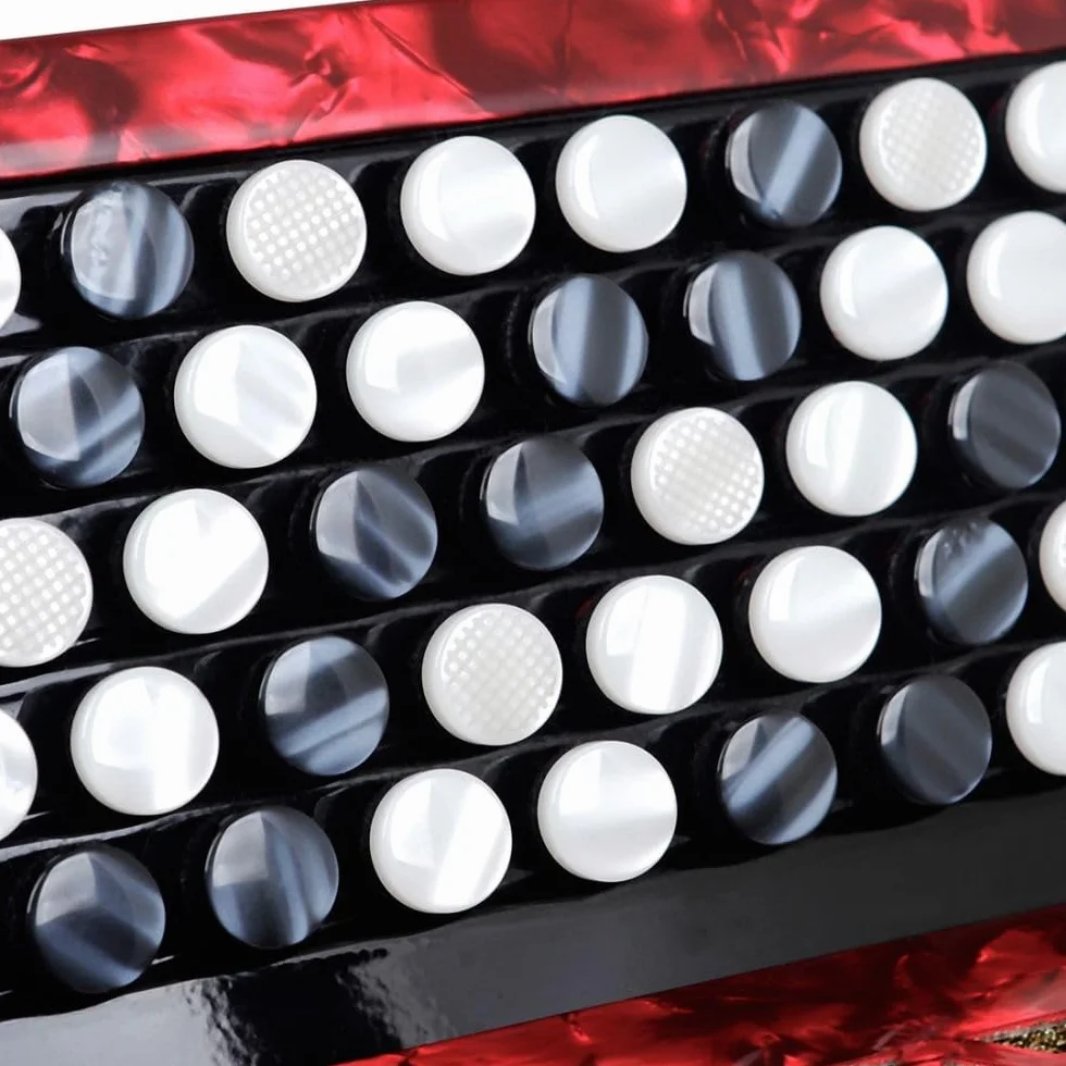 37 teclas, 60 teclas de bajo, estilo profesional de mano Bayan, cuerpo de xilófono sólido, dos colores rojo y azul, fuelle de cuero, patrón de pintura de piano de superficie, adecuado for principiante