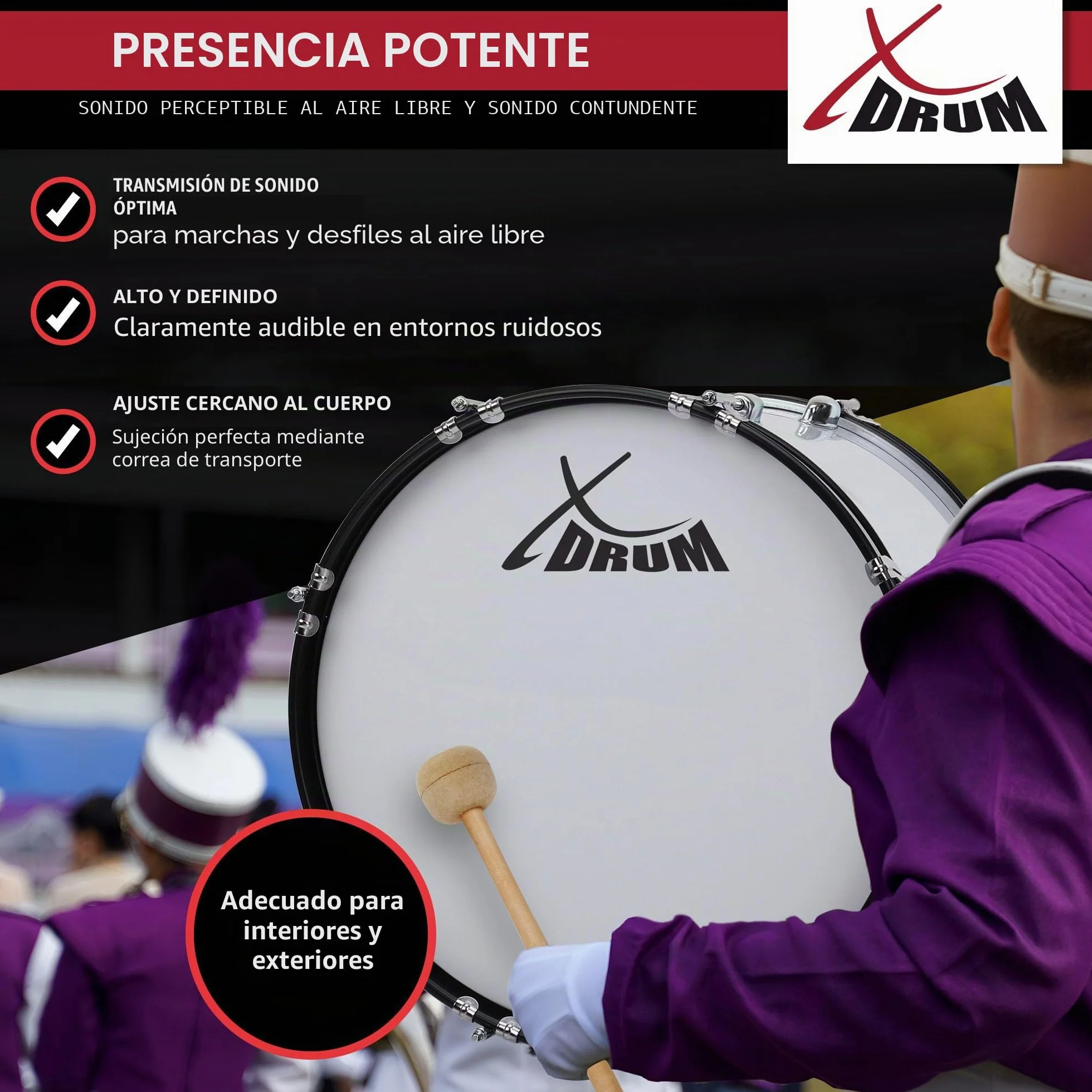 XDrum MBD-218 Tambor de marcha 18x12" - Bombo grande, 6,5 kg; 4 anillas de sujeción; 8 tornillos de tensión por lado; incluye mazas, correas, llave de afinación; blanco