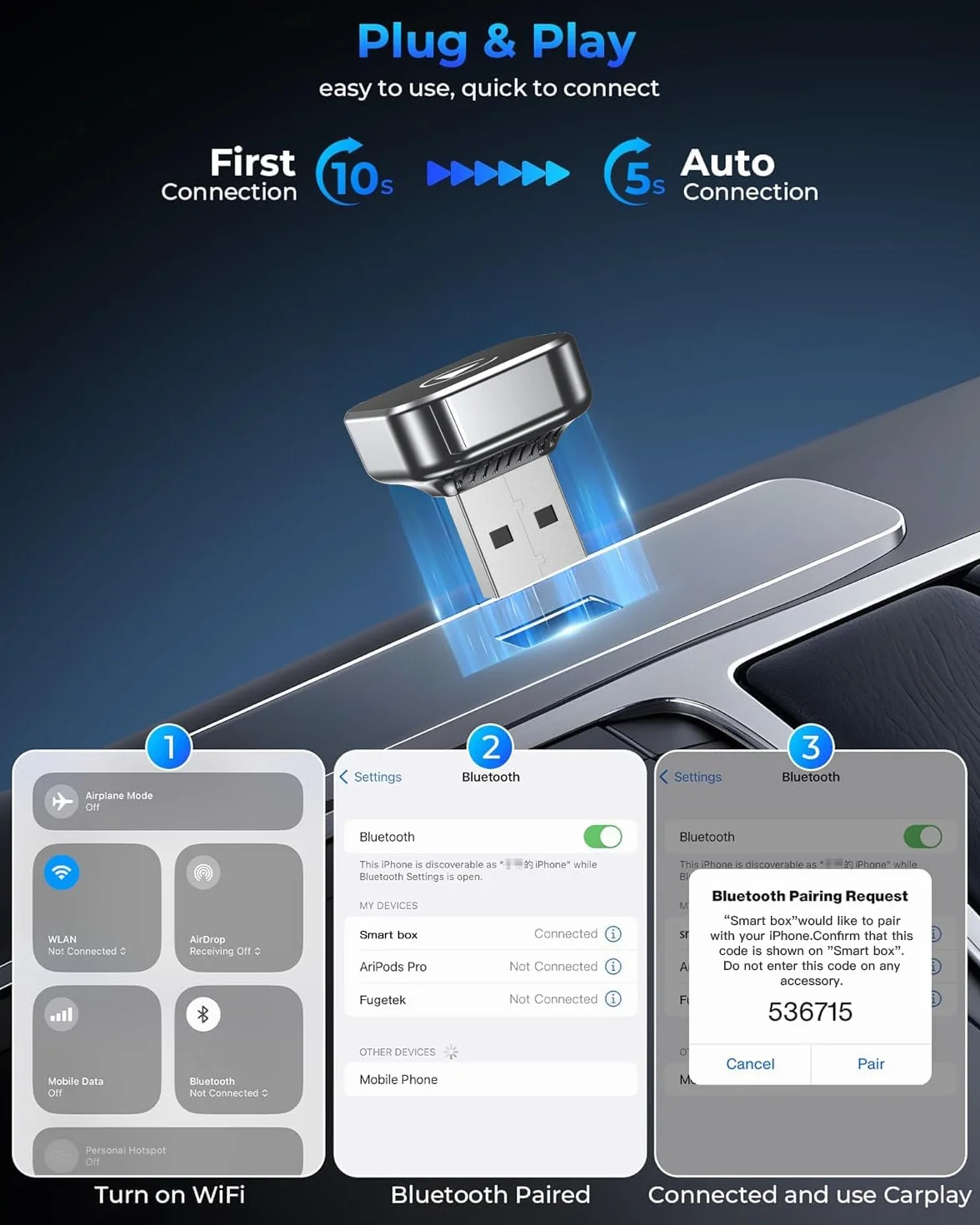Adaptador CarPlay inalámbrico con cable CarPlay (USB a C) Mini CarPlay adaptador de metal para iPhone con iOS 10+ y Android 11+, sin demora (negro)