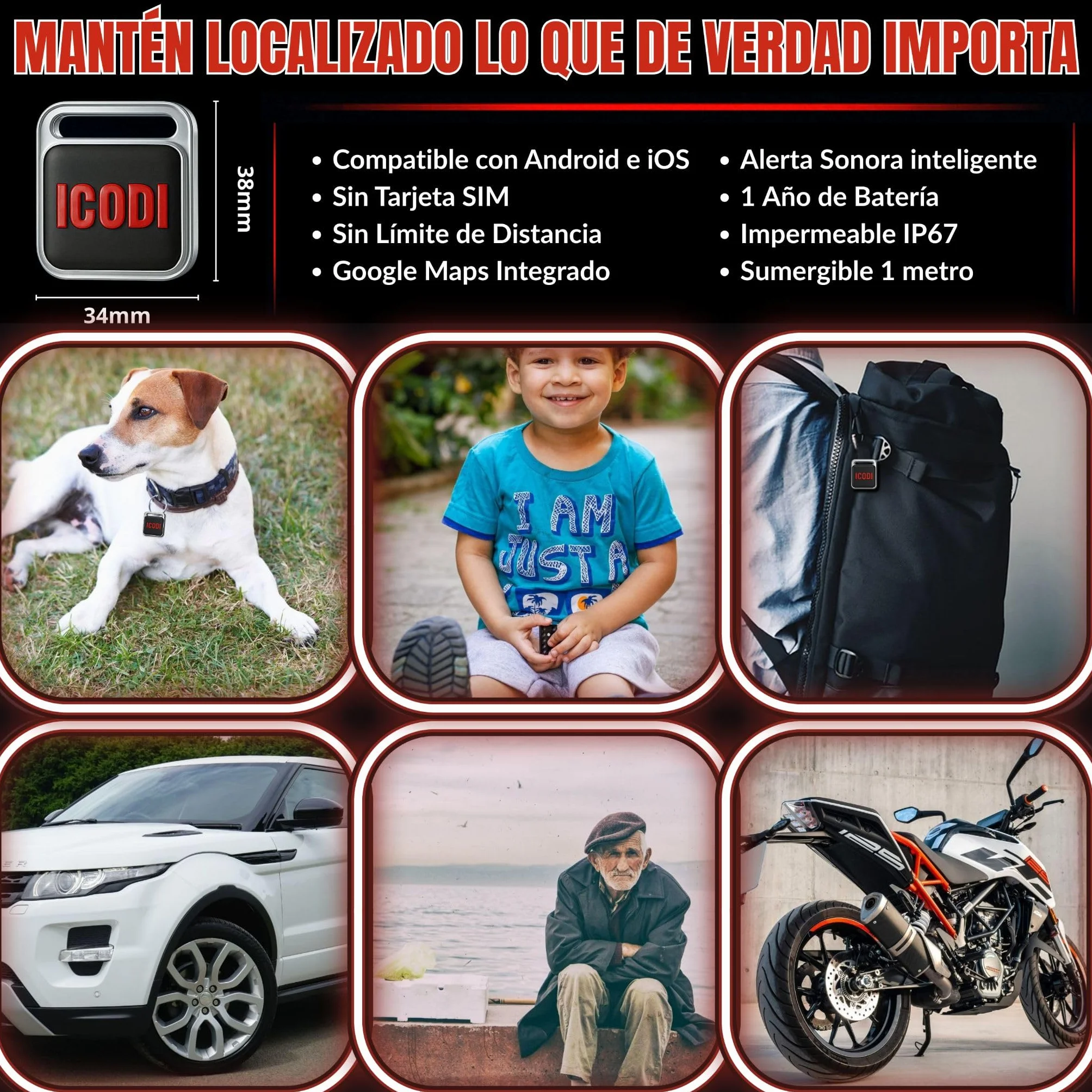 ICODI Rastreador Bluetooth Localizador Global Coche sin Tarjeta SIM sin Límite Distancia sin Suscripción Google Maps Integrado Android iOS 1 Año Batería Moto Niños Ancianos Objetos