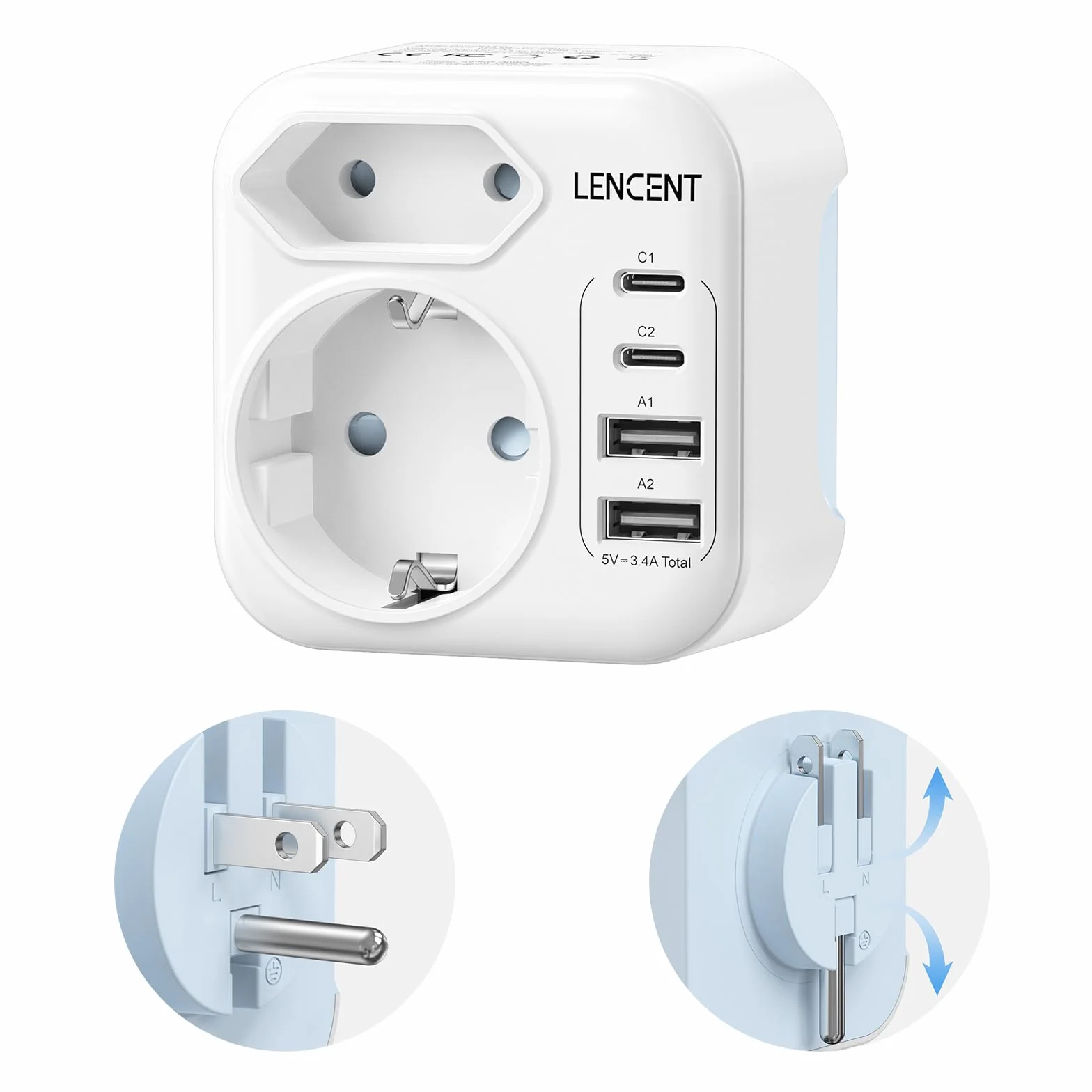 LENCENT Adaptador Enchufe USA Cargador Viaje 2 USB-C 2 USB-A Europa Portugal a EE.UU. Tipo B