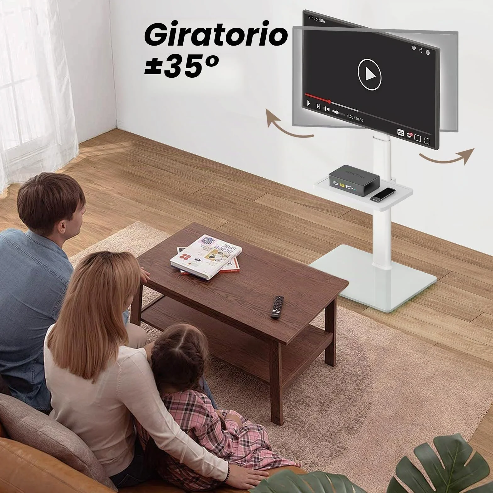 Soporte de TV universal para piso con montaje, giro de 70 grados, 9 niveles de altura ajustable y diseño que ahorra espacio para la mayoría de televisores LCD, LED, OLED de 27 a 65 pulgadas, blanco